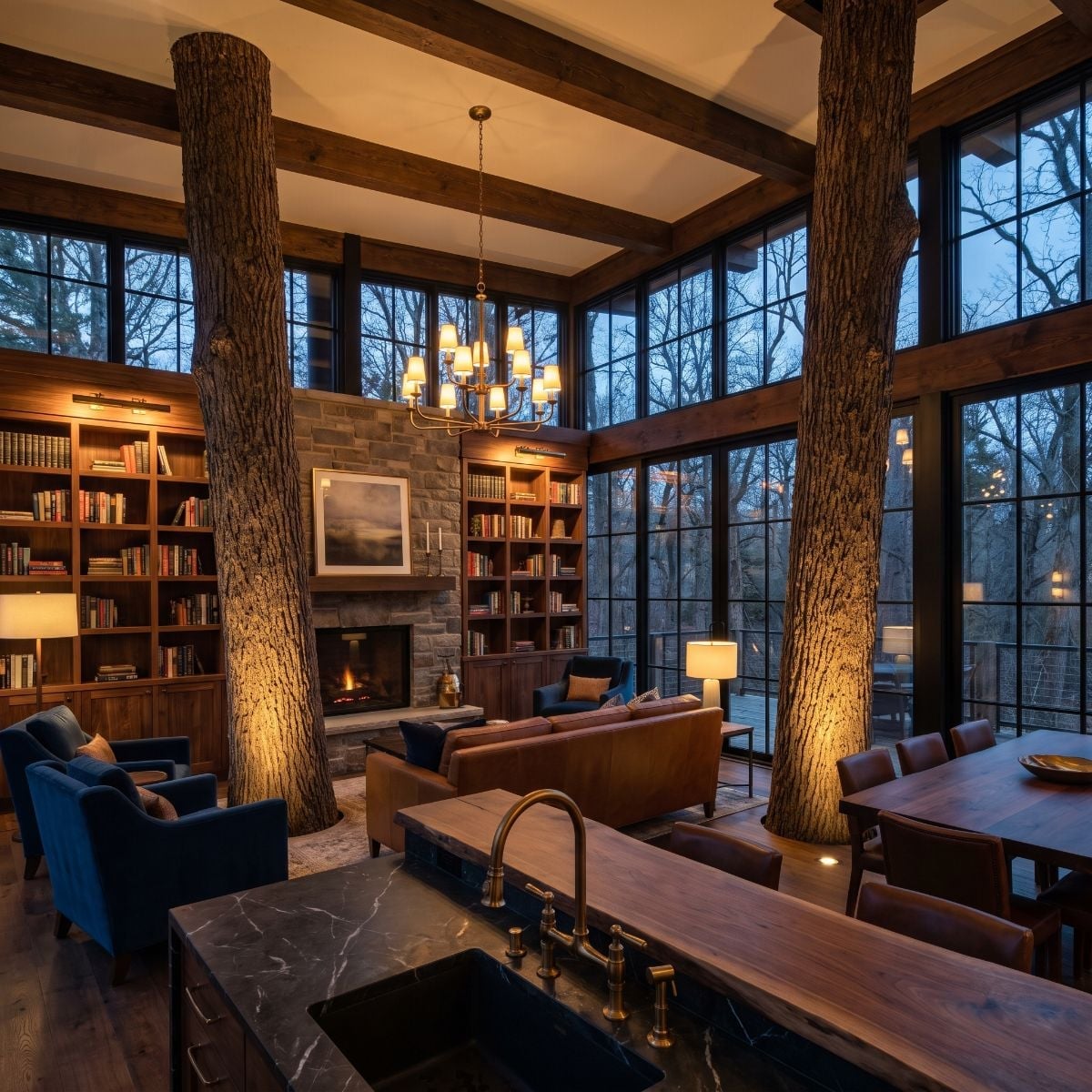 Soapstone Island, Brass Bridge Faucet, and Two Oak Trunks That Grew Through the Floor Plan