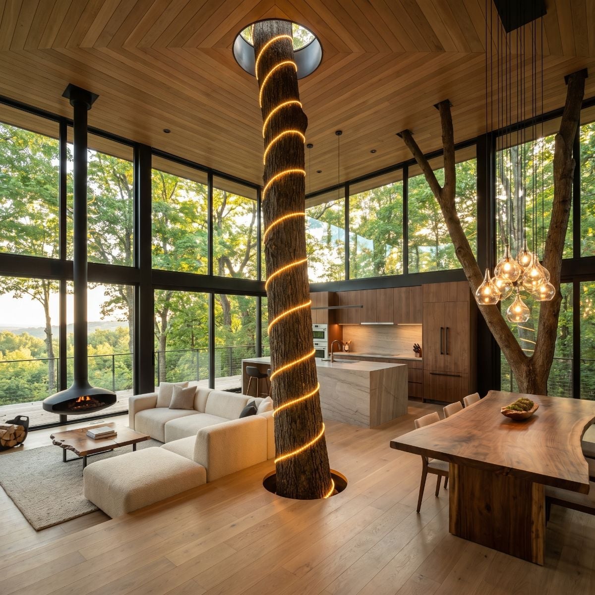 Spiral LED Strip, Live Tree Trunk, and a Skylight Opening That Actually Works