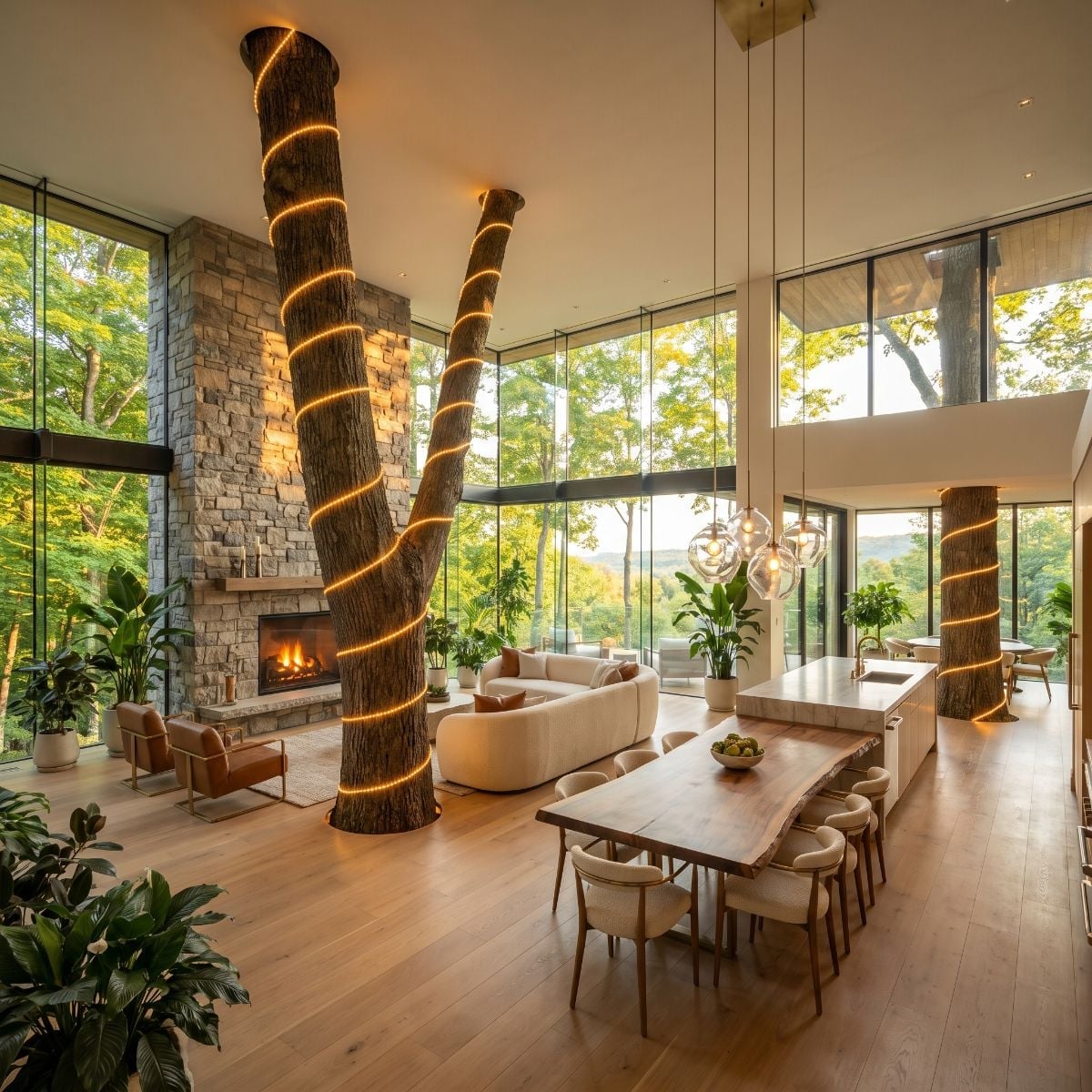 Spiral LED Wrap, Live Trunks Through the Ceiling, and Stone Fireplace Done Right