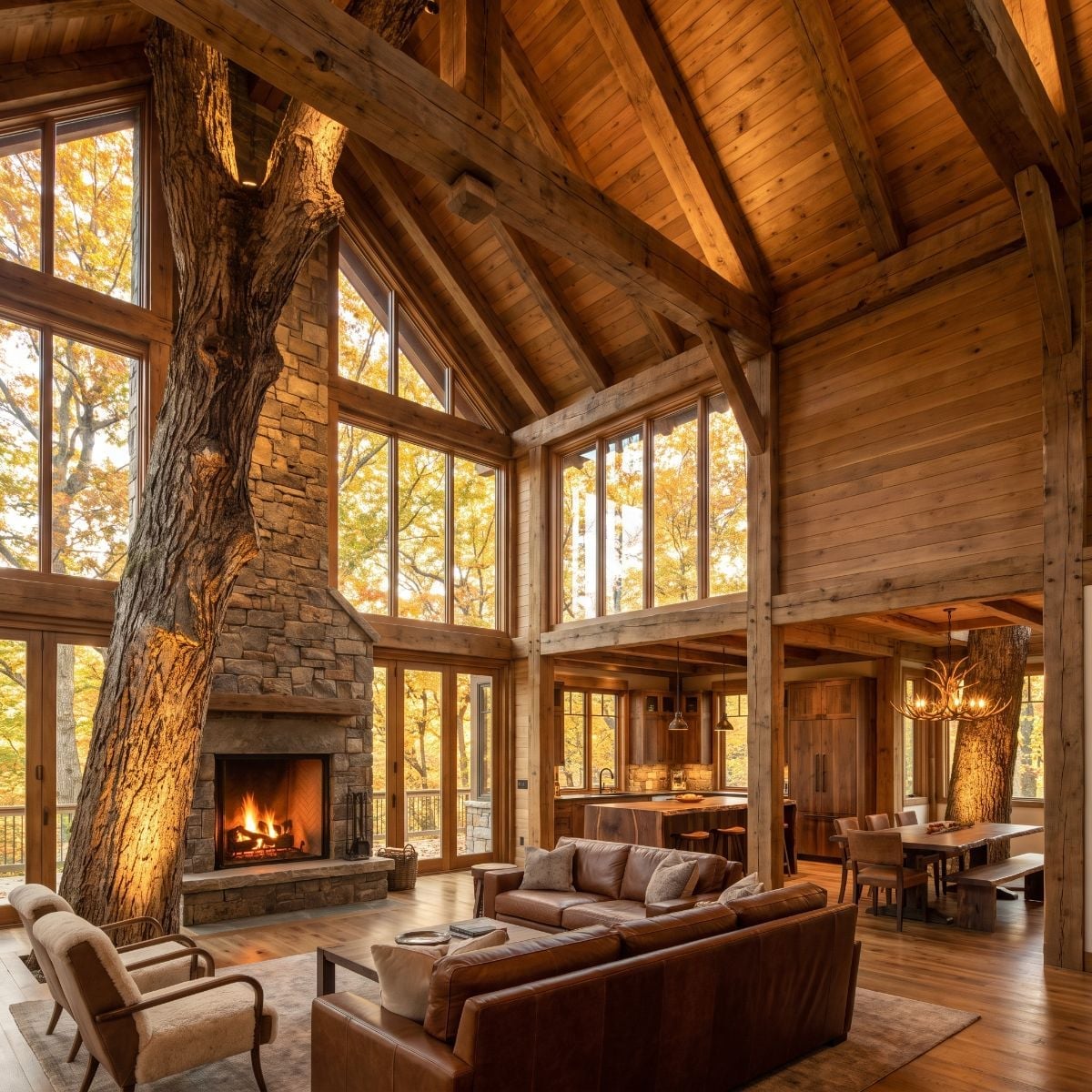 Stone Fireplace, Cathedral Trusses, and Two Oak Trunks That Grew Through the Floor Plan