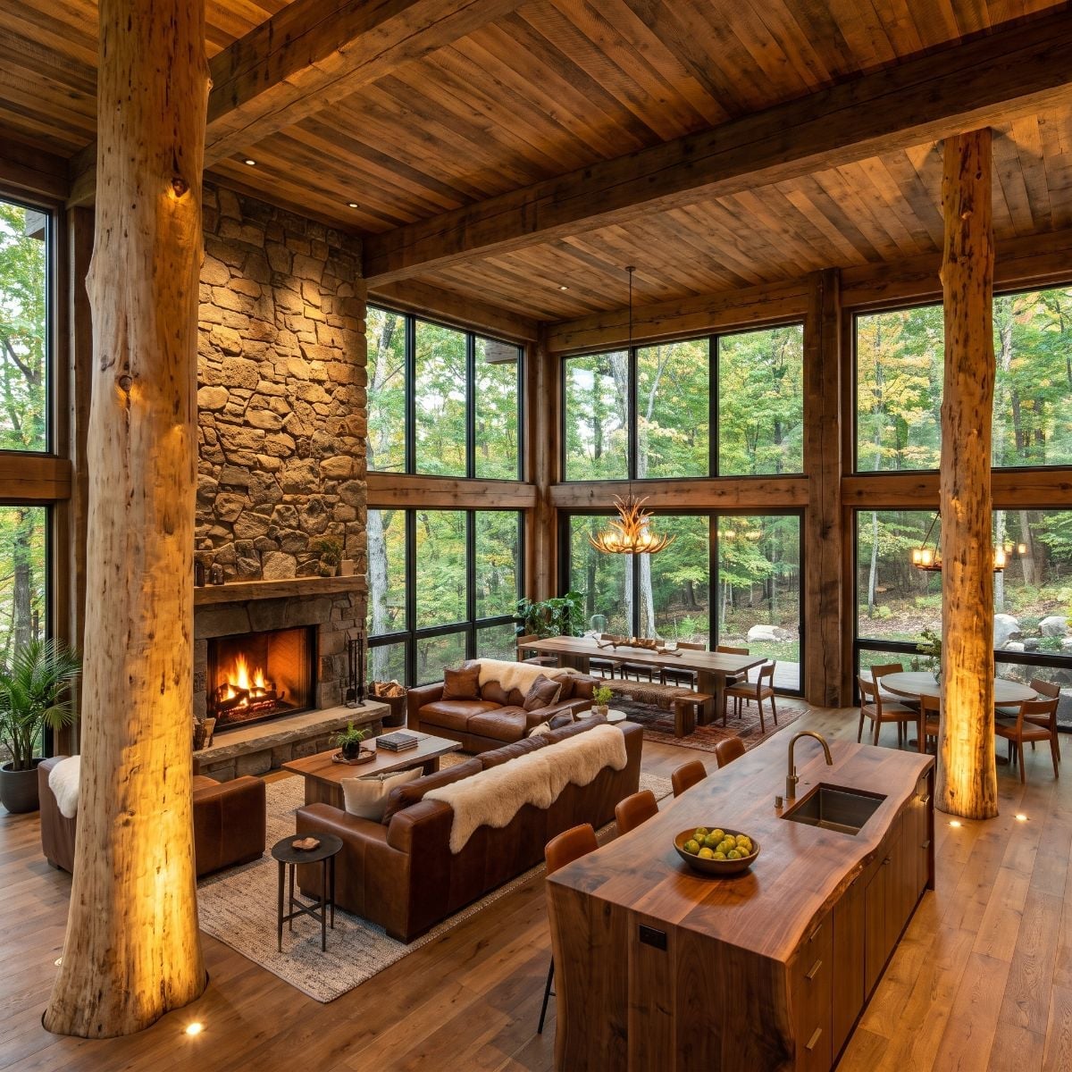 Stone Fireplace, Raw Log Columns, and a Kitchen Island That Holds Its Own