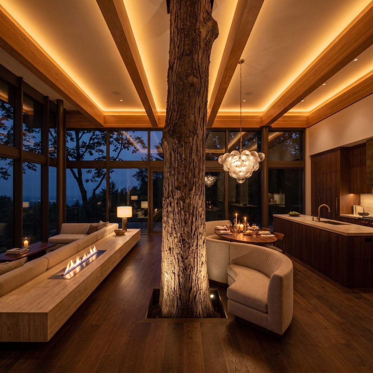 Warm Cove Lighting, a Live Trunk, and the Fireplace Nobody Expected