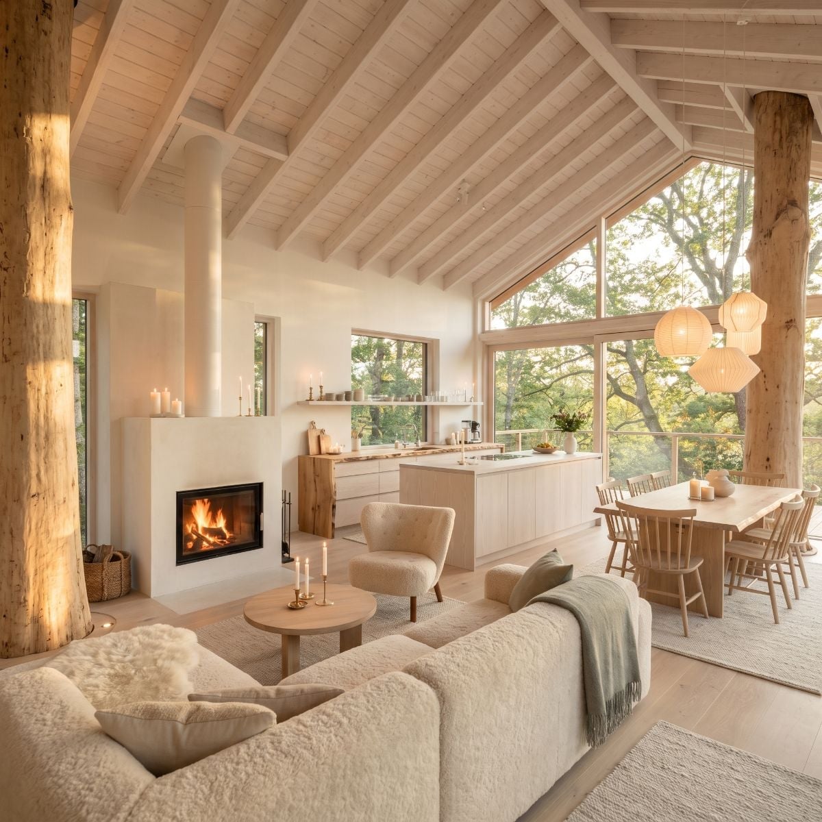 Whitewashed Rafters, Bark Columns, and a Fireplace That Does the Heavy Lifting