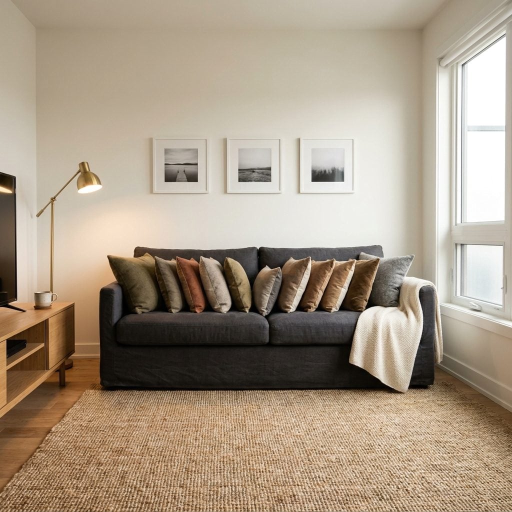 Charcoal sofa in a den covered with about fourteen small decorative pillows leaving little open seating.