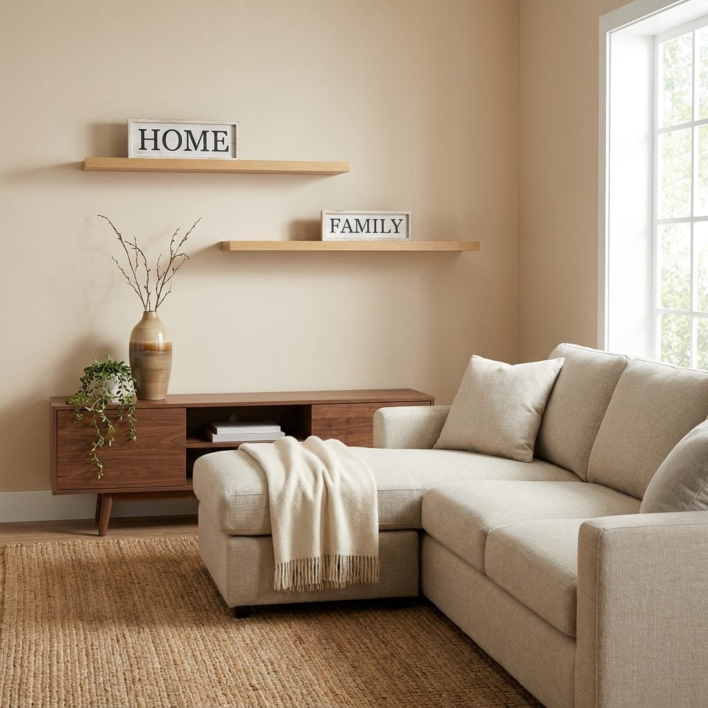 Contemporary family room corner with seven distressed white wood signs spelling short words across the wall and shelves.
