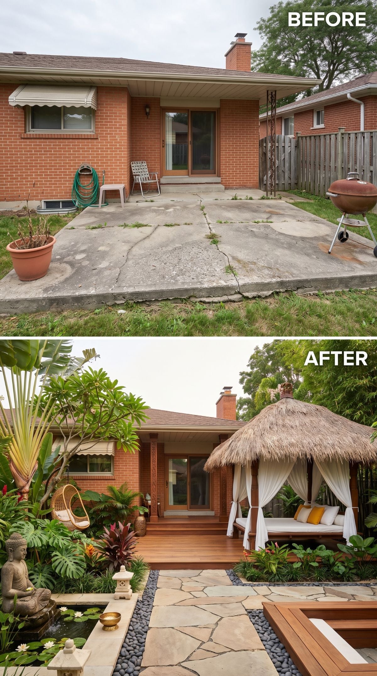 Bali Comes to the Midwest: Thatched Palapa, Koi Pond, and Tropical Planting Replace a Cracked Slab
