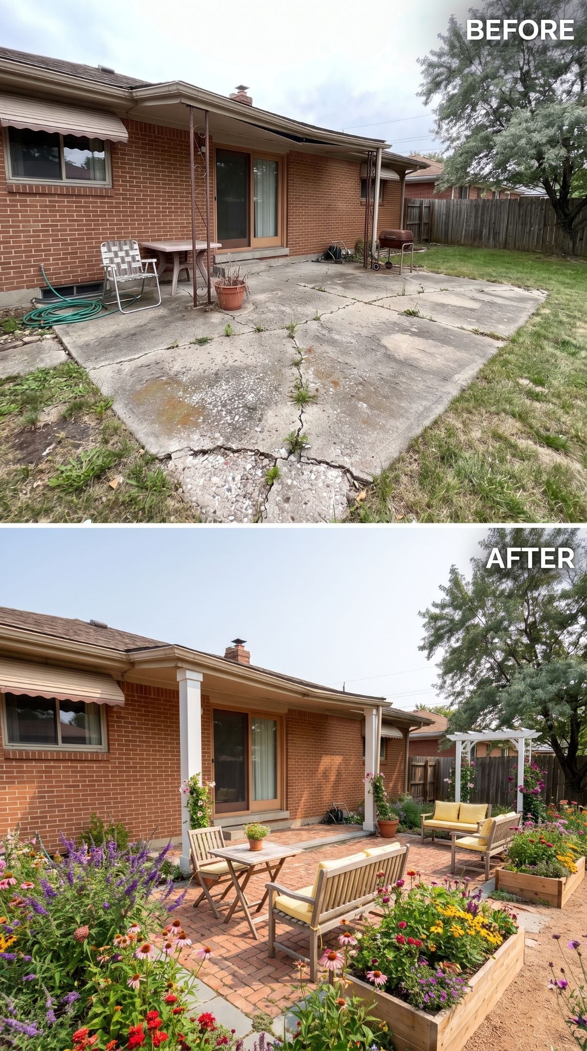 Brick Pavers, Raised Garden Beds, and a White Pergola Rescue a Crumbling Ranch Patio