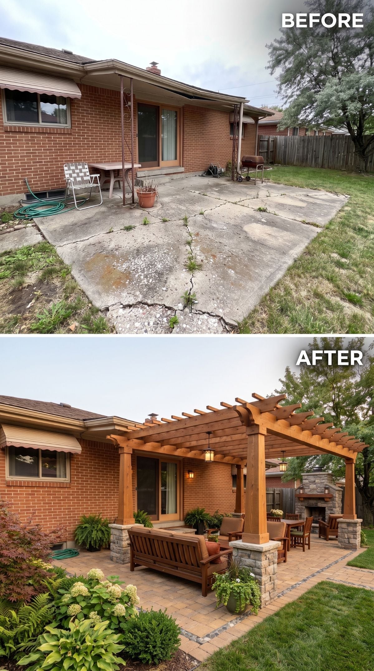 Cedar Pergola, Stone Piers, and Pavers Give an Aging Brick Ranch New Footing