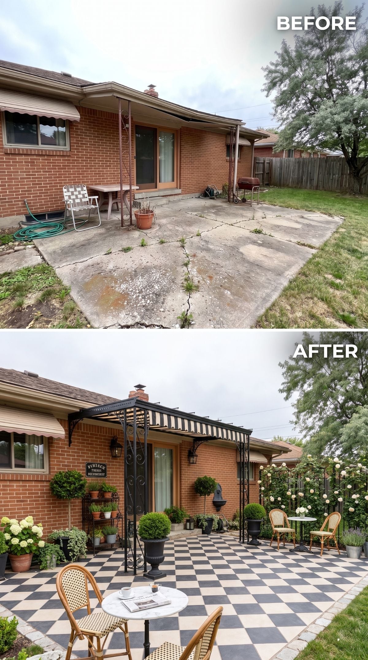 Checkerboard Concrete Paint and Iron Pergola Flip a Tired Brick Ranch Patio