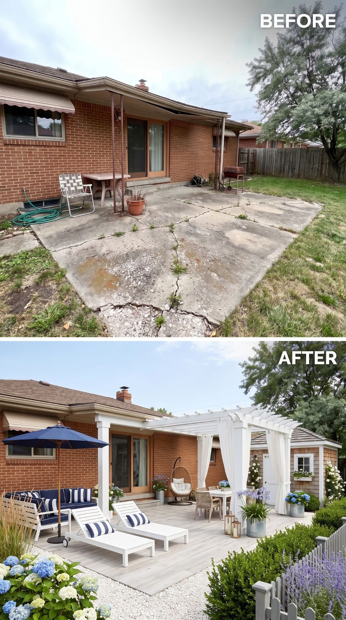 Coastal Backyard Revival: White Pergola, Deck, and Hydrangeas Replace Cracked Concrete