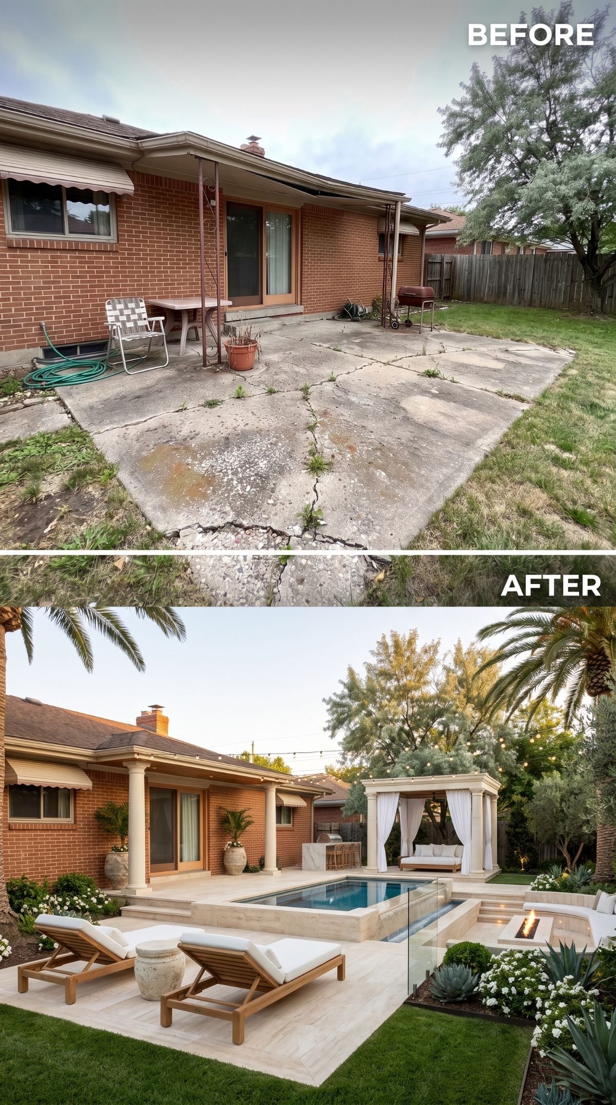 Cracked Suburban Slab Out, Limestone Pool Terrace and Cabana In