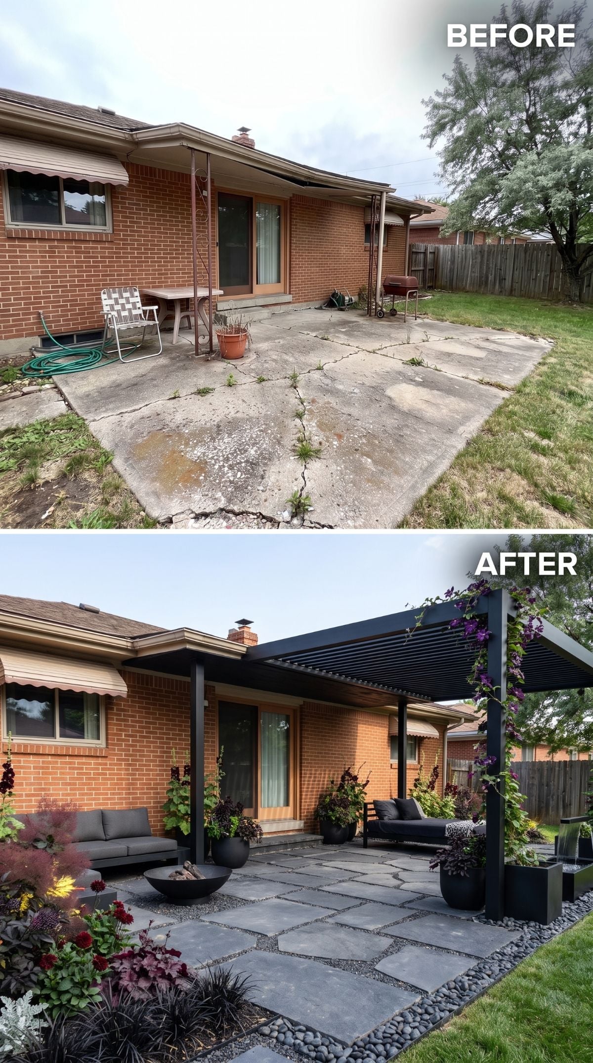 Dark Pergola, Bluestone Pavers, and Climbing Clematis Rescue a Brick Ranch Patio