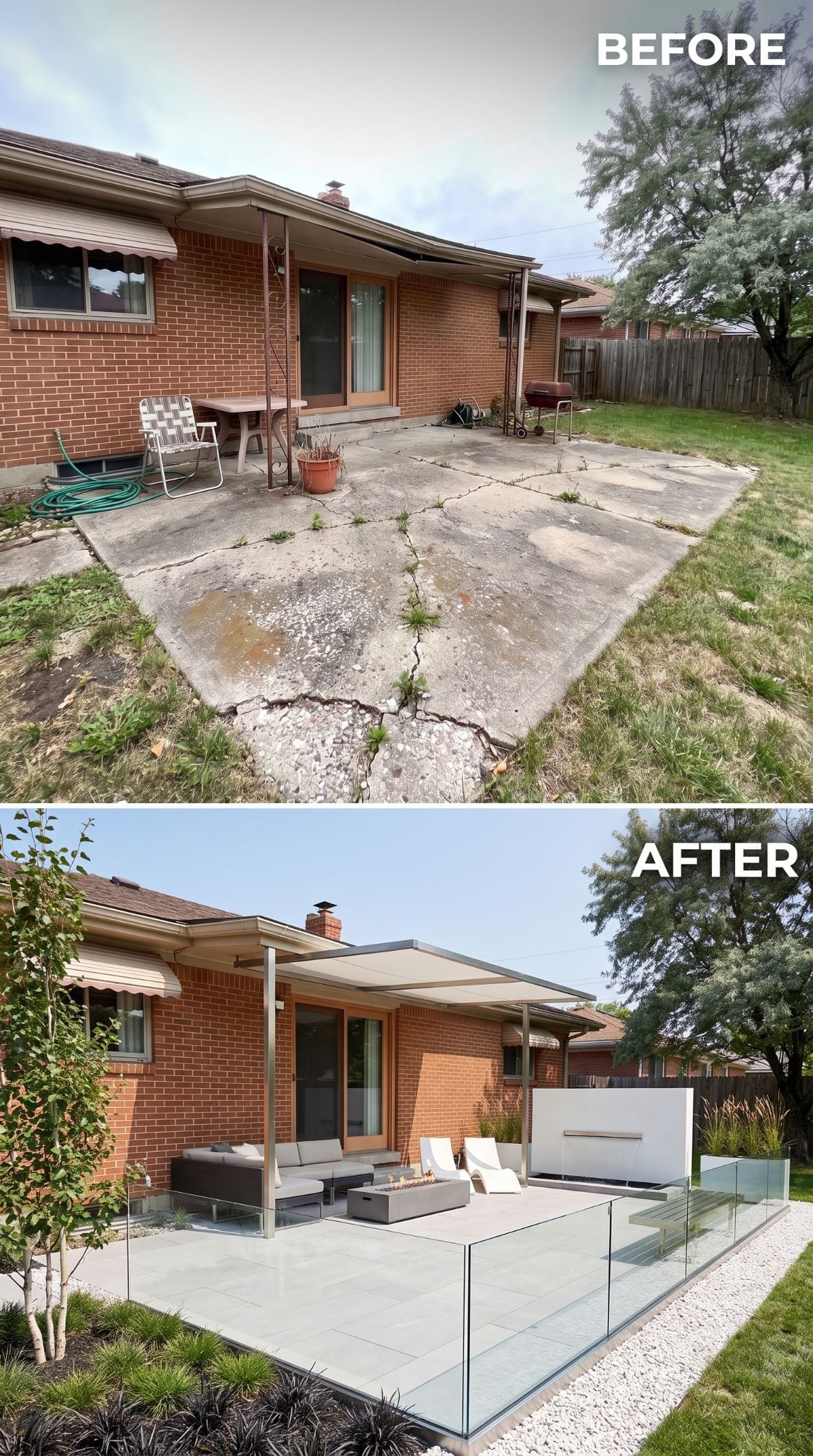 Frameless Glass, a Fire Table, and a Pergola Give a Brick Ranch Its Best Decade Yet