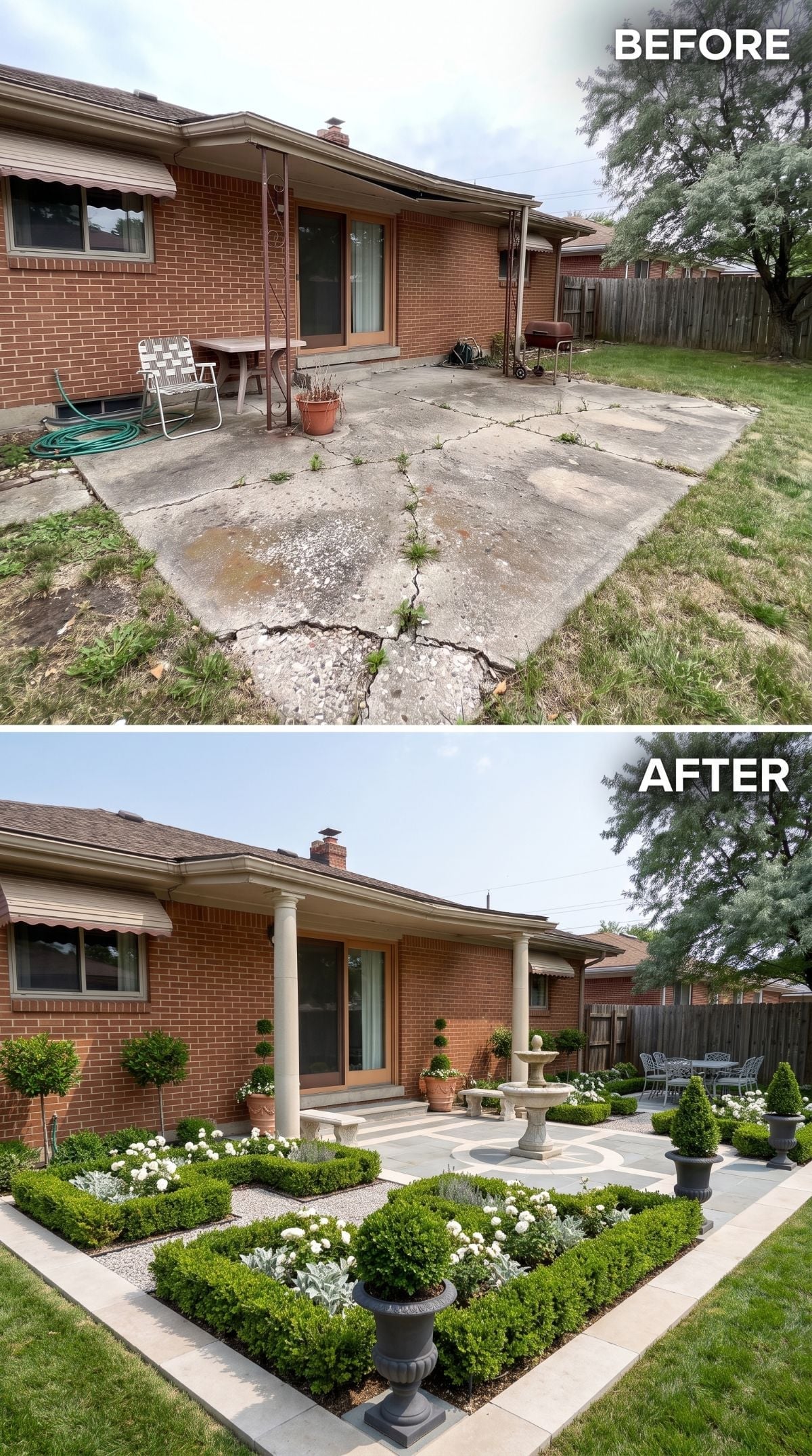 From Crumbling Concrete to Formal Garden Courtyard in One Backyard