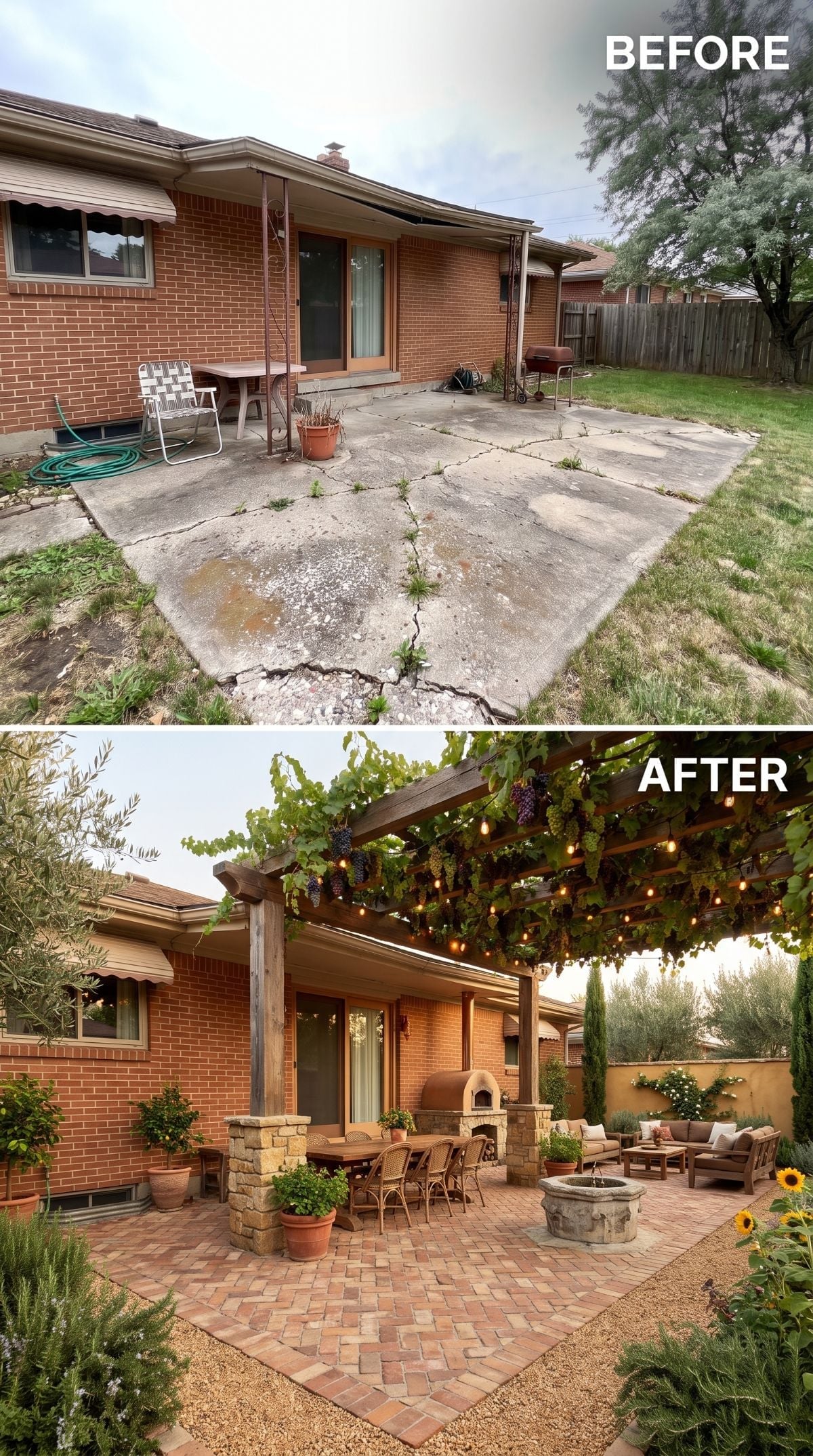 Grapevines, Brick Pavers, and a Wood-Fired Oven Turn One Sad Slab Into a Tuscan Courtyard