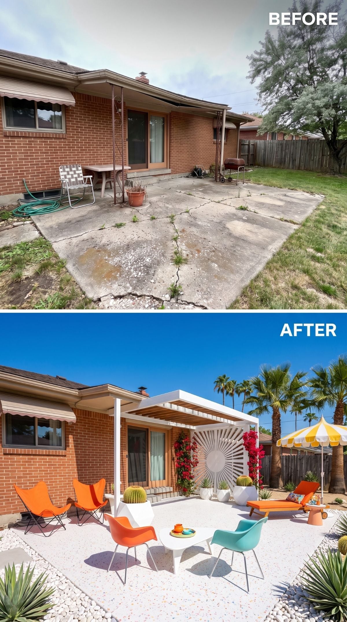 Mid-Century Patio Revival Swaps Crumbling Concrete for Palm Springs Color and Style
