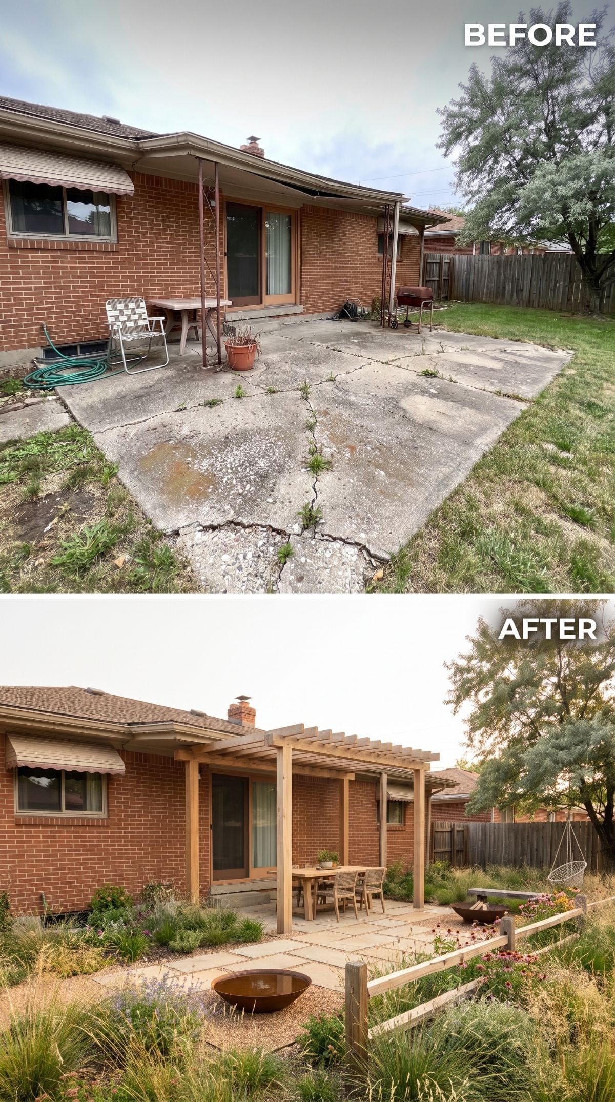 Pergola, Pavers, and Prairie Plants Give a Neglected Brick Ranch Patio Real Purpose