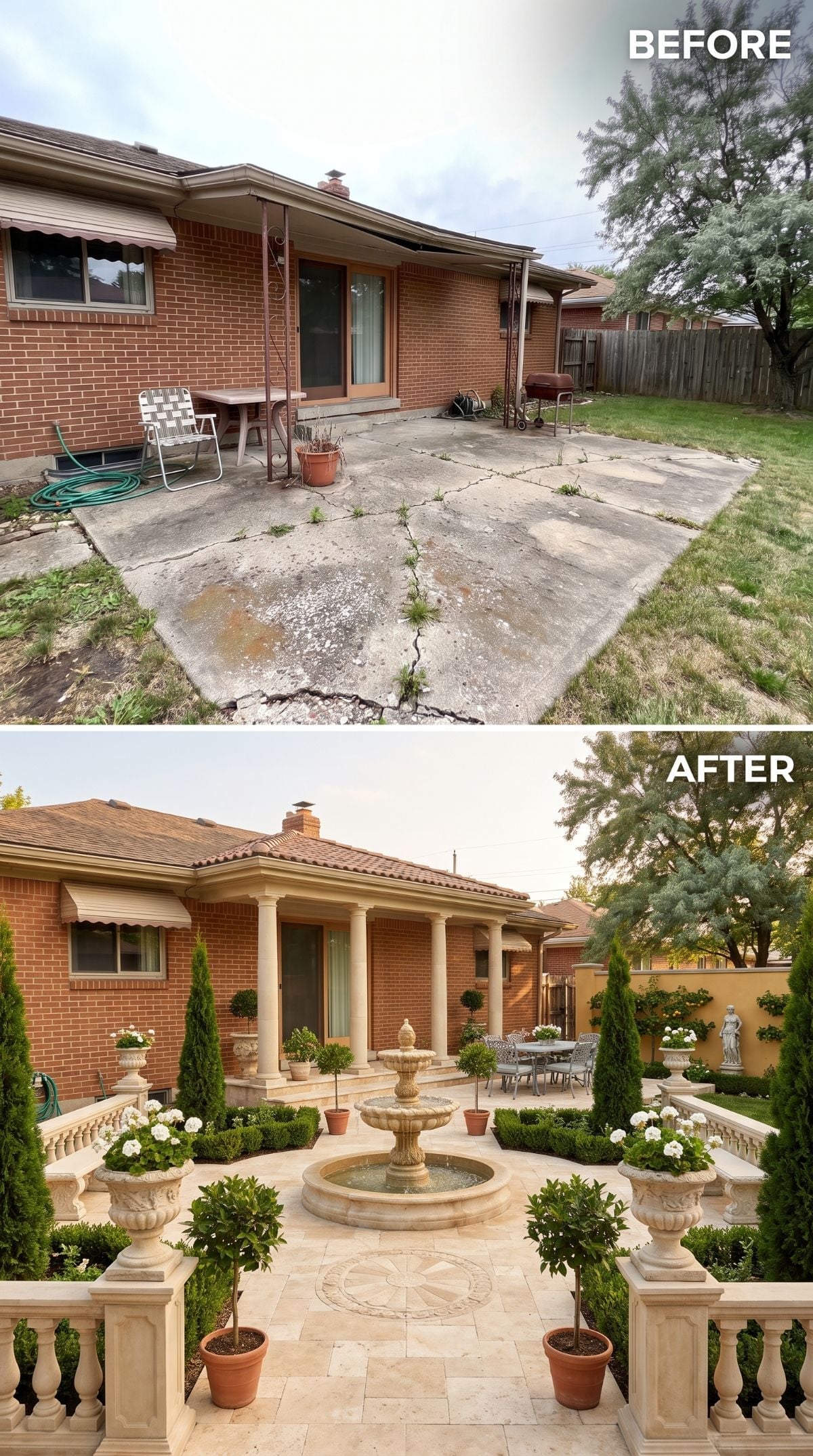 Roman Courtyard Revival: Travertine, a Tiered Fountain, and Classical Columns Replace a Crumbling Slab