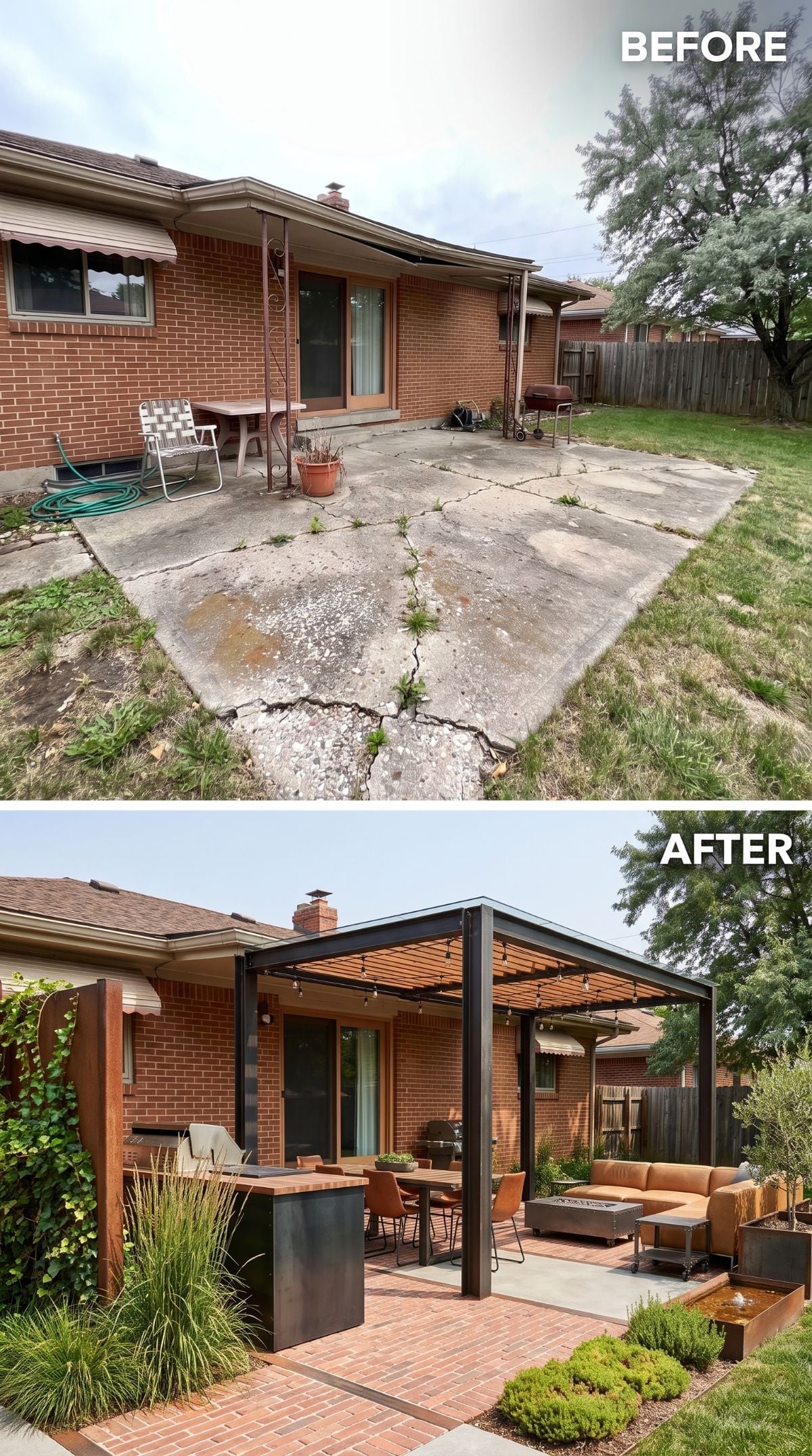 Steel, Brick, and a Modern Pergola Turn a Neglected Ranch Slab Into Something Worth Using