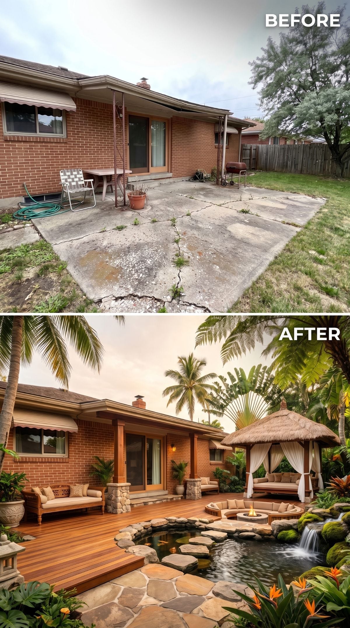 Teak Deck, Koi Pond, and a Thatched Gazebo Replace a Slab That Was Long Past Saving