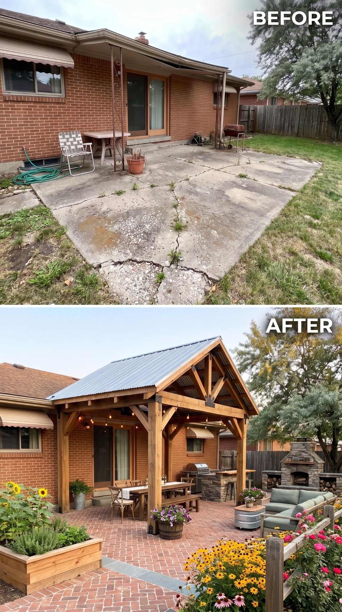 Timber Frame Pavilion, Brick Pavers, and a Stone Fireplace Replace 50 Years of Cracked Concrete