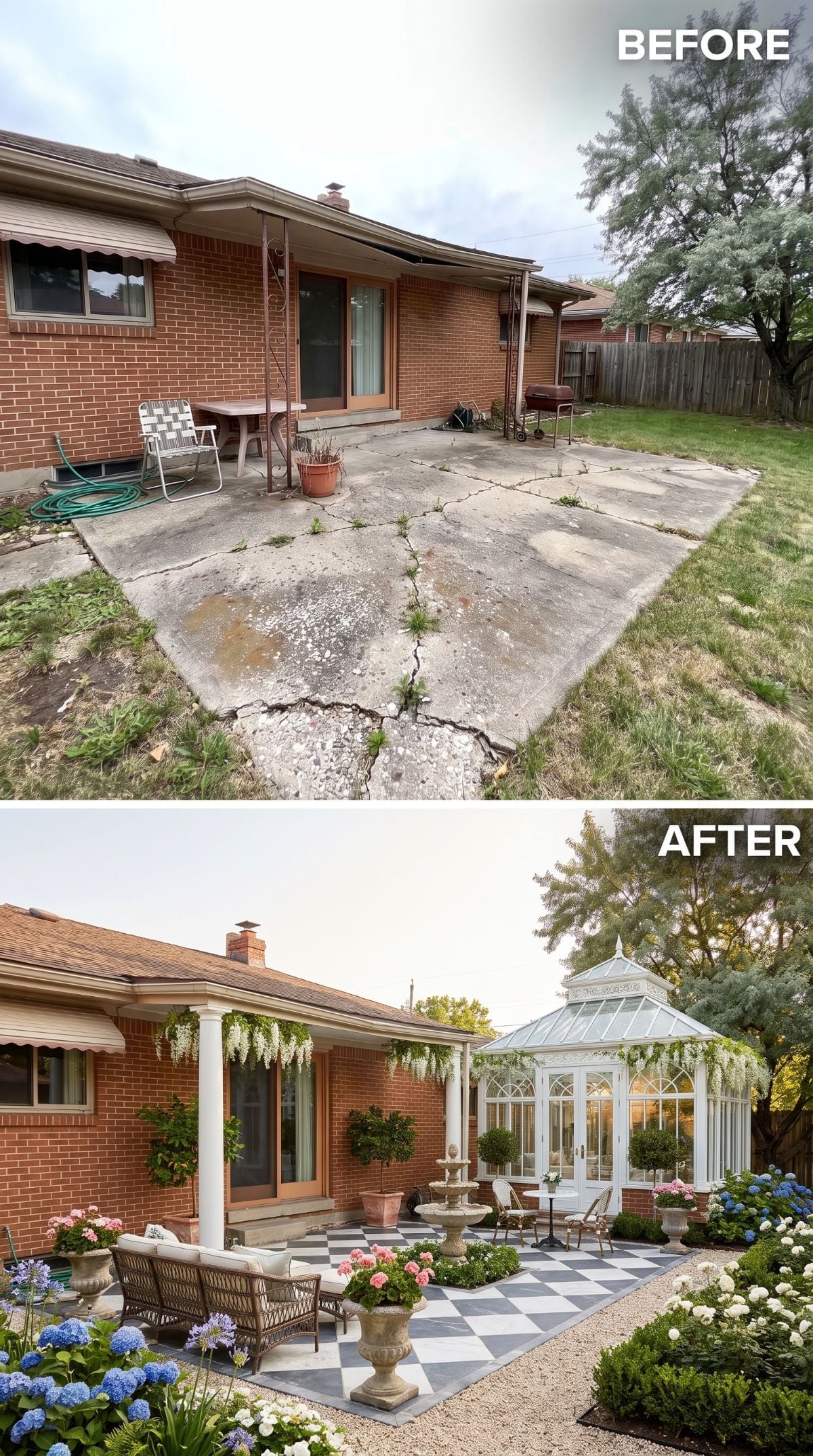 Victorian Conservatory and Checkerboard Stone Turn a Forgotten Ranch Patio Formal