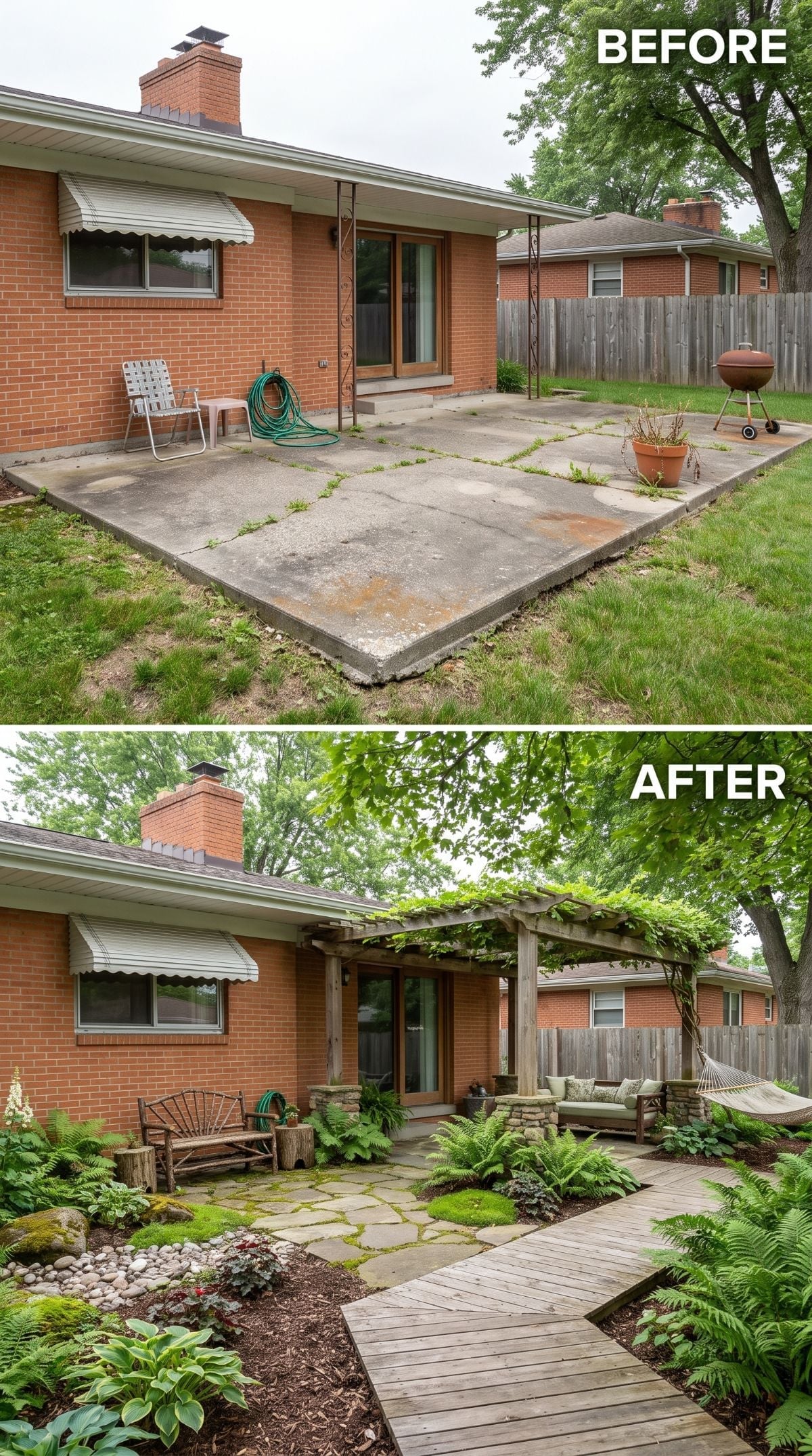 Weathered Wood, Ferns, and a Pergola Give This Brick Ranch a Whole New Life