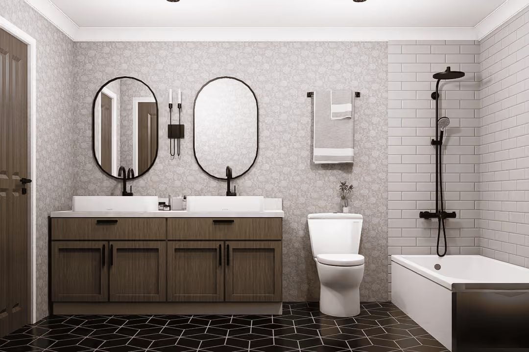 Matte Black Fixtures and Dark Hex Tile Do a Lot of Heavy Lifting in Here