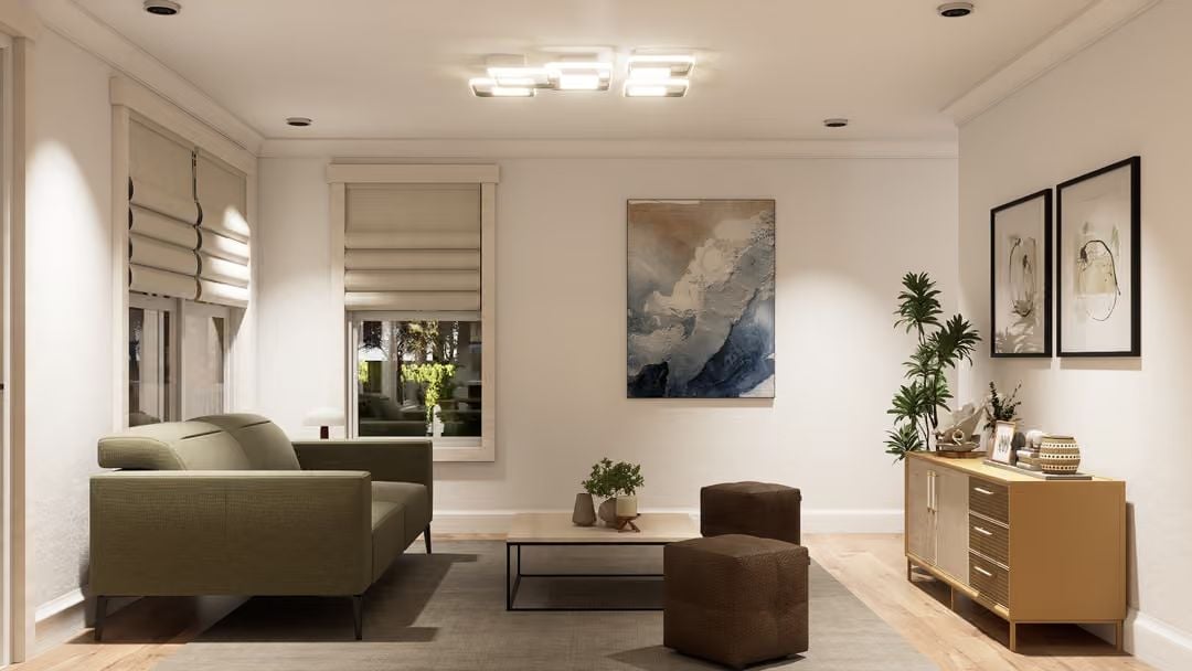Olive Green Sofas and Warm Wood Make This Living Room Feel Lived-In Already