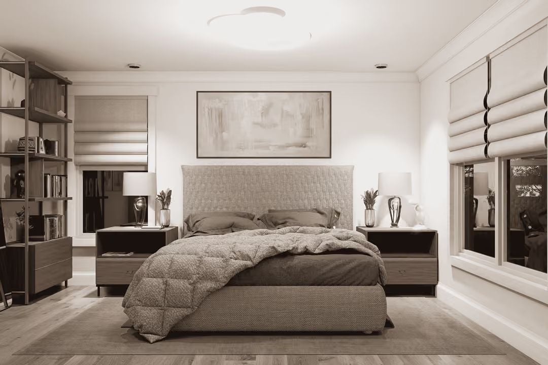 Woven Headboard, Quilted Comforter, and Roman Shades That Know What They're Doing