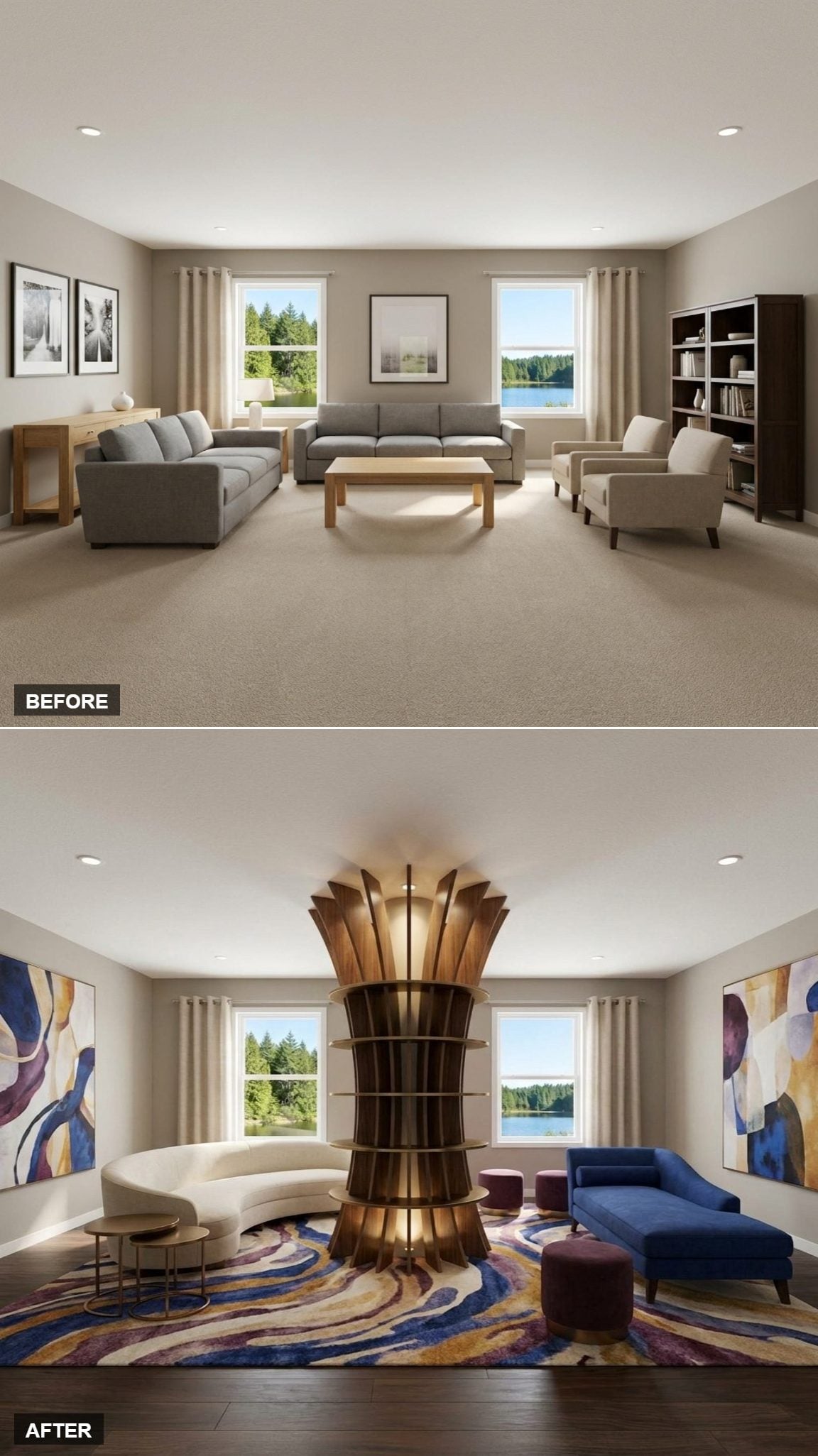 Curved Walnut Shelving Tower with Cobalt Chaise and Cream Crescent Sofa