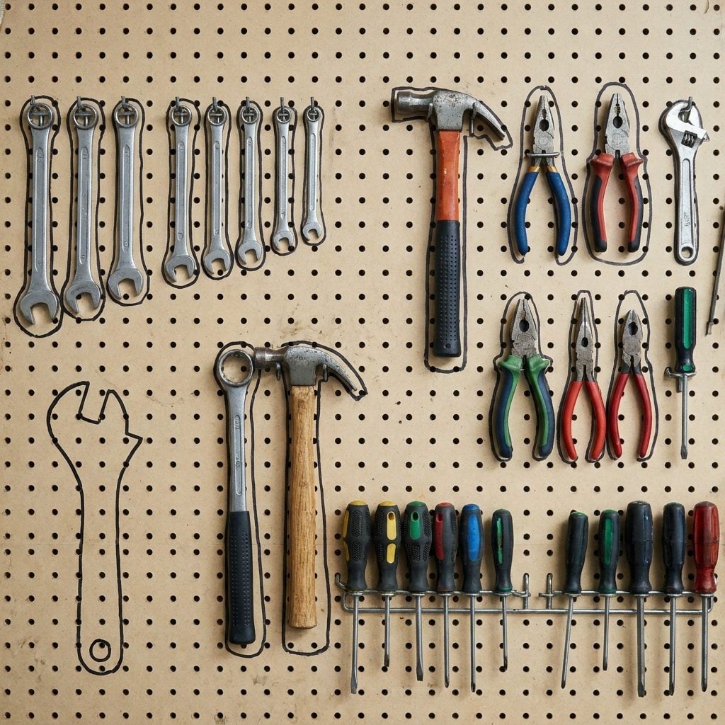 Dad's Pegboard, Every Tool Traced in Black Marker
