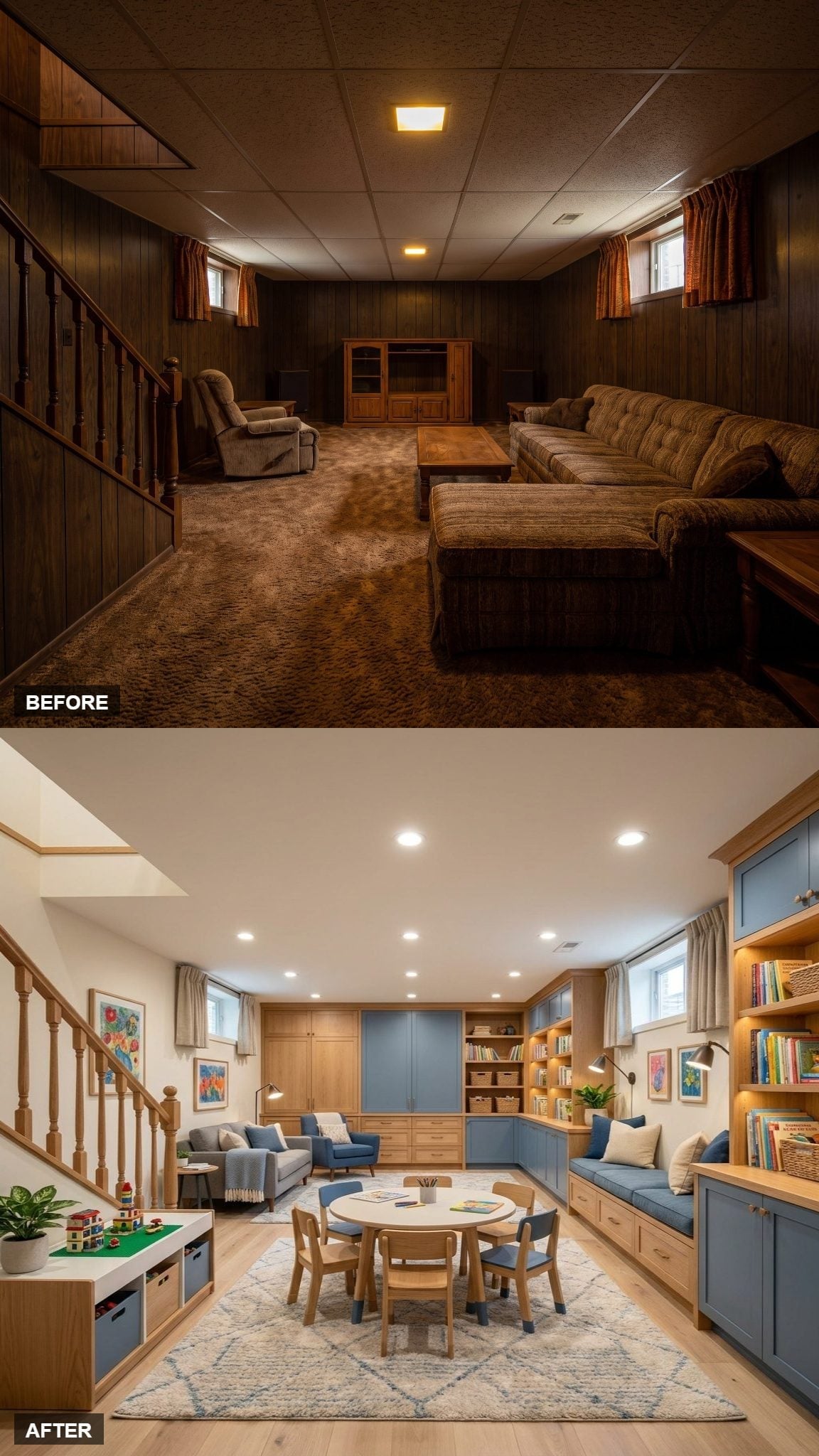 Blue Cabinet Fronts, a Built-In Window Bench, and Light Oak Shelving That Justify Every Square Foot