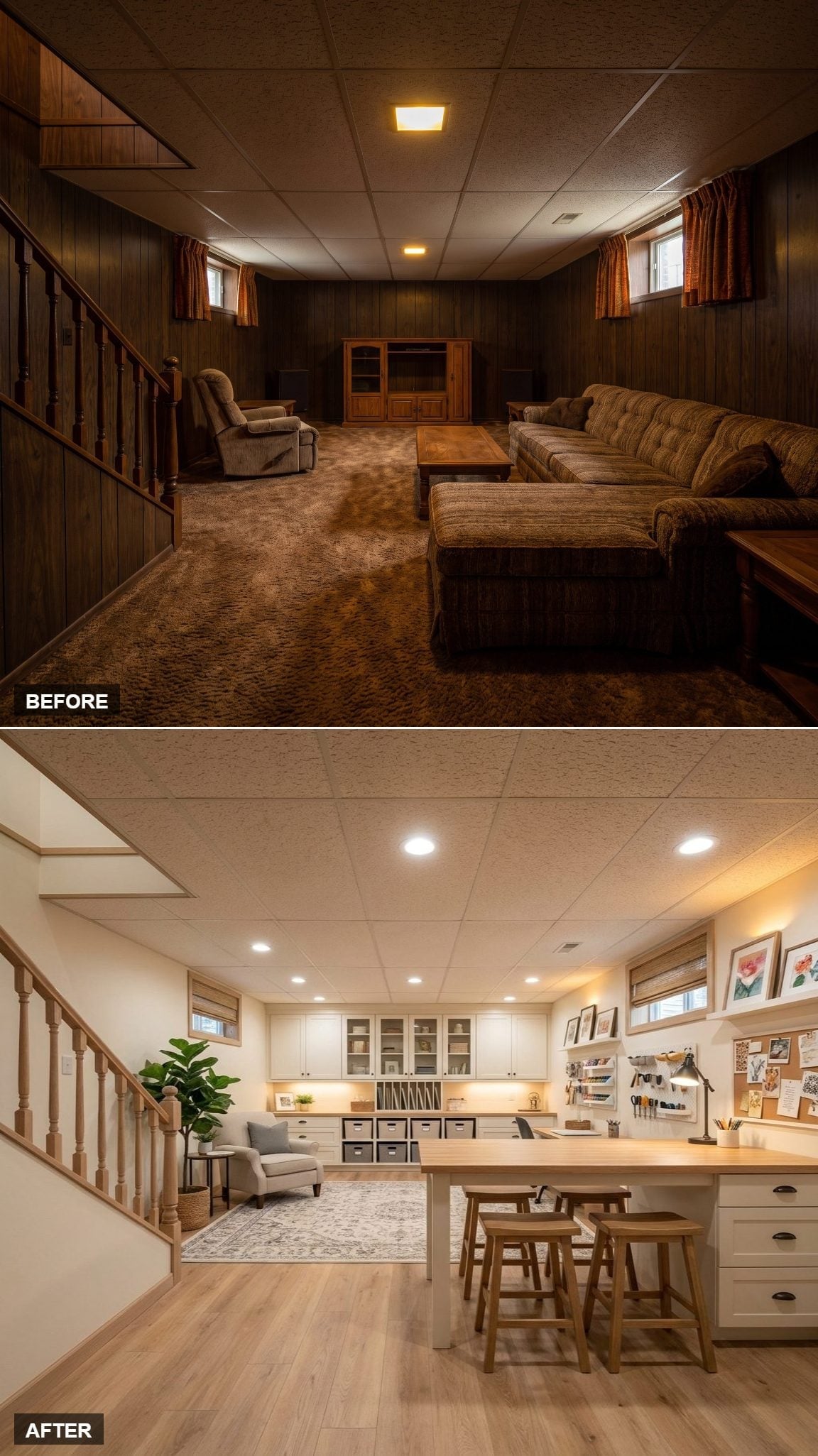 Craft Room, Reading Nook, and Serious Storage — All in One Basement