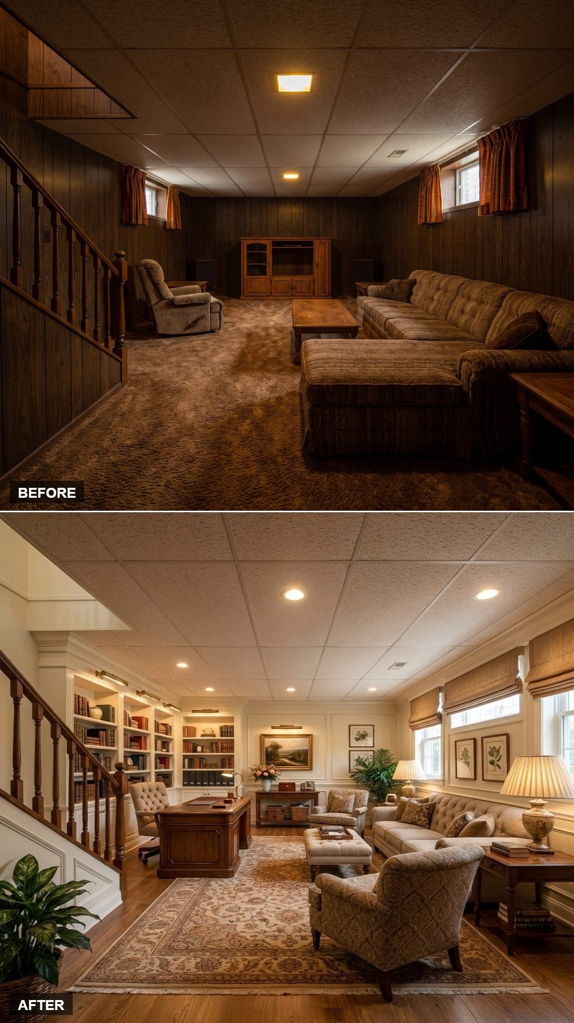 Cream Walls, a Persian Rug, and Built-In Shelving That Finally Justify Going Downstairs