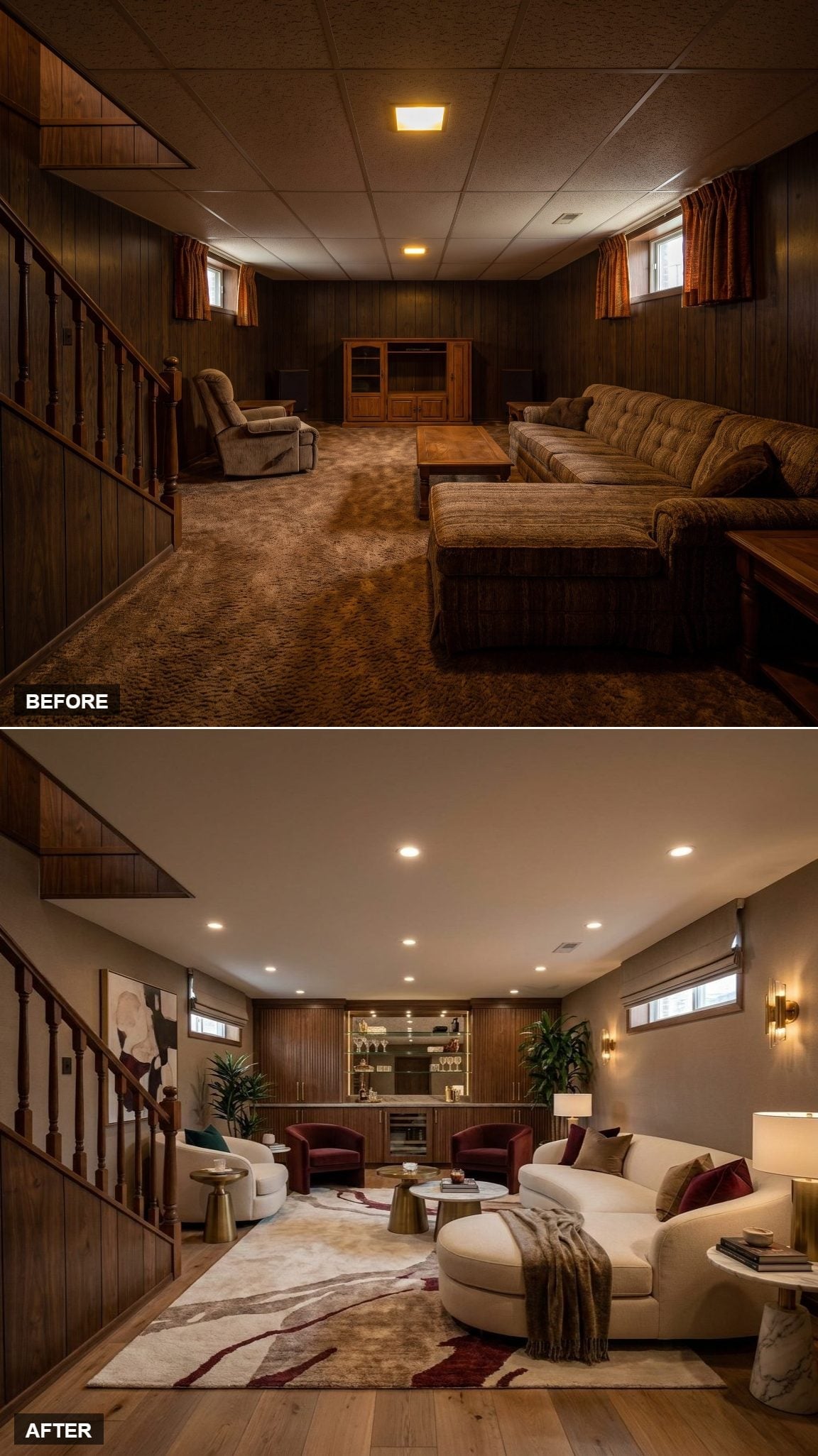 Curved Sectional, a Wet Bar, and Gold Sconces That Finally Made This Basement Worth Owning
