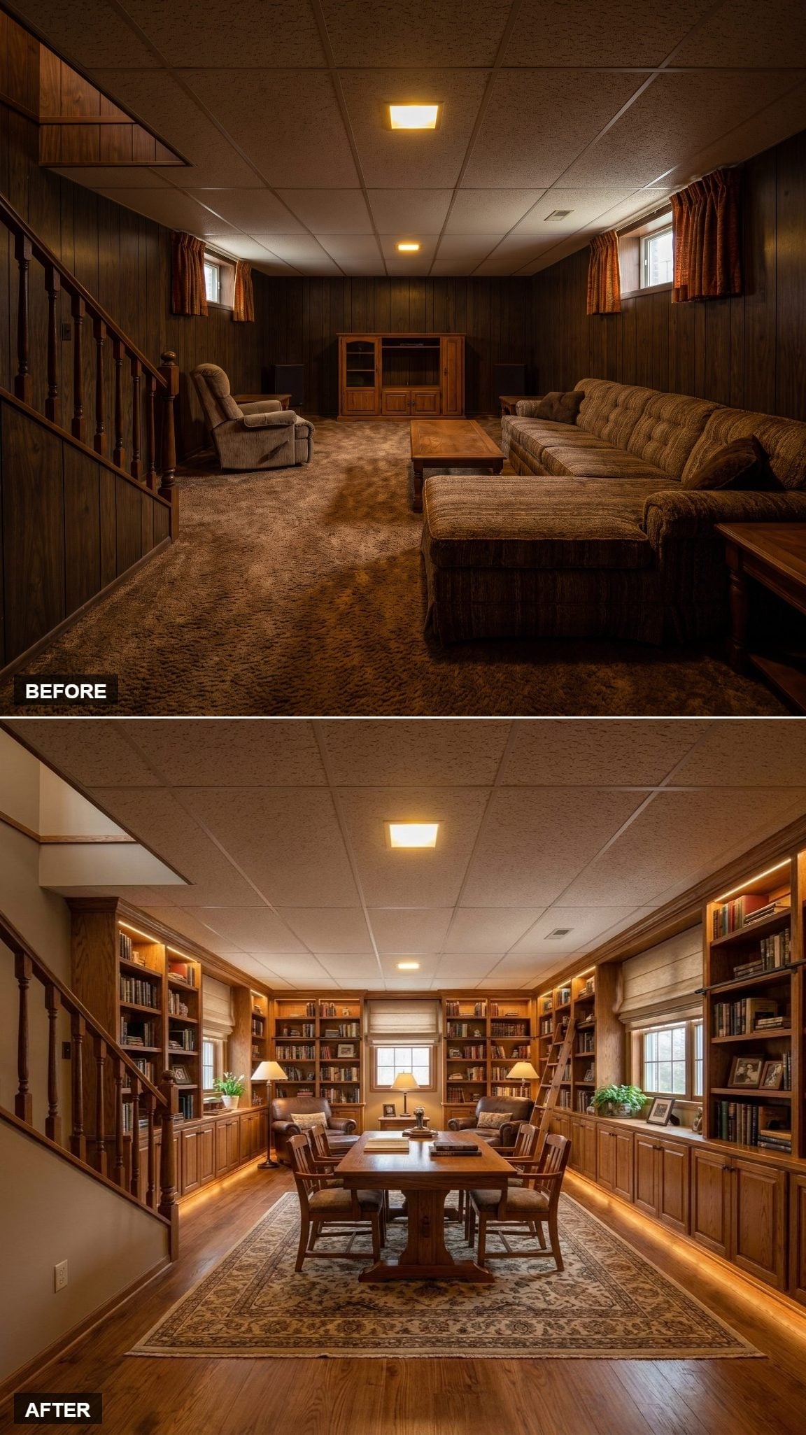 Floor-to-Ceiling Bookshelves and a Library Ladder Made This Basement Worth the Stairs