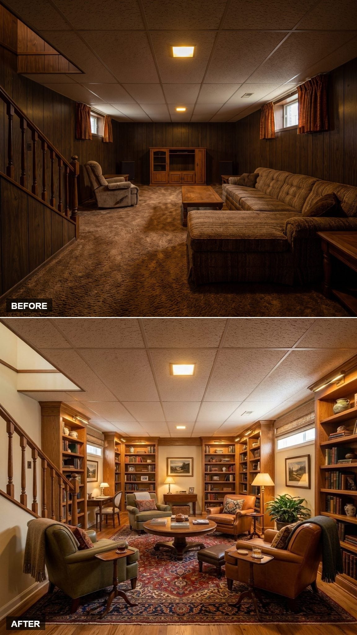 Floor-to-Ceiling Oak Shelving Gave This Basement an Actual Reason to Go Downstairs