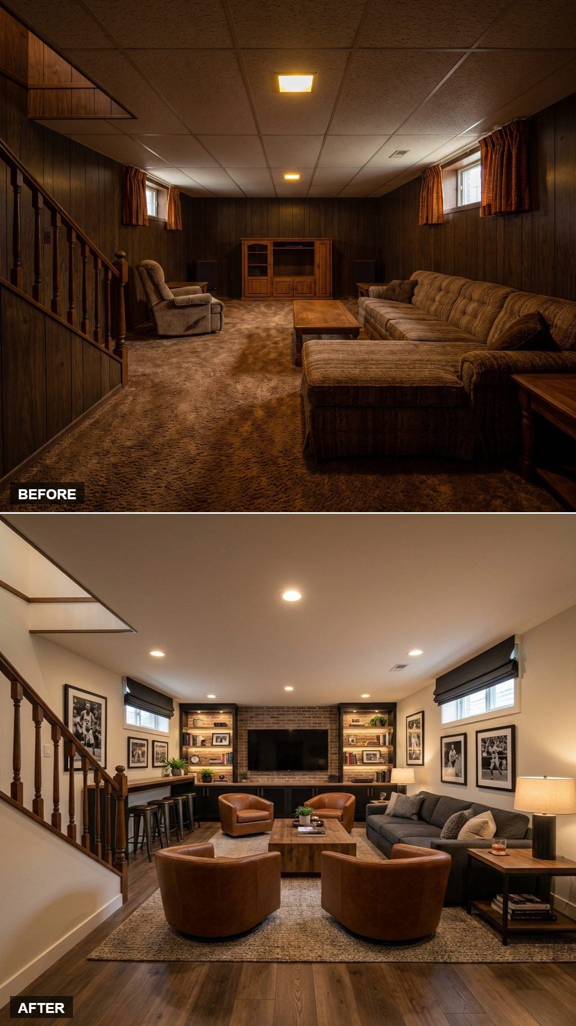 Leather Swivel Chairs, a Brick Fireplace Wall, and Built-Ins That Finally Anchor the Room
