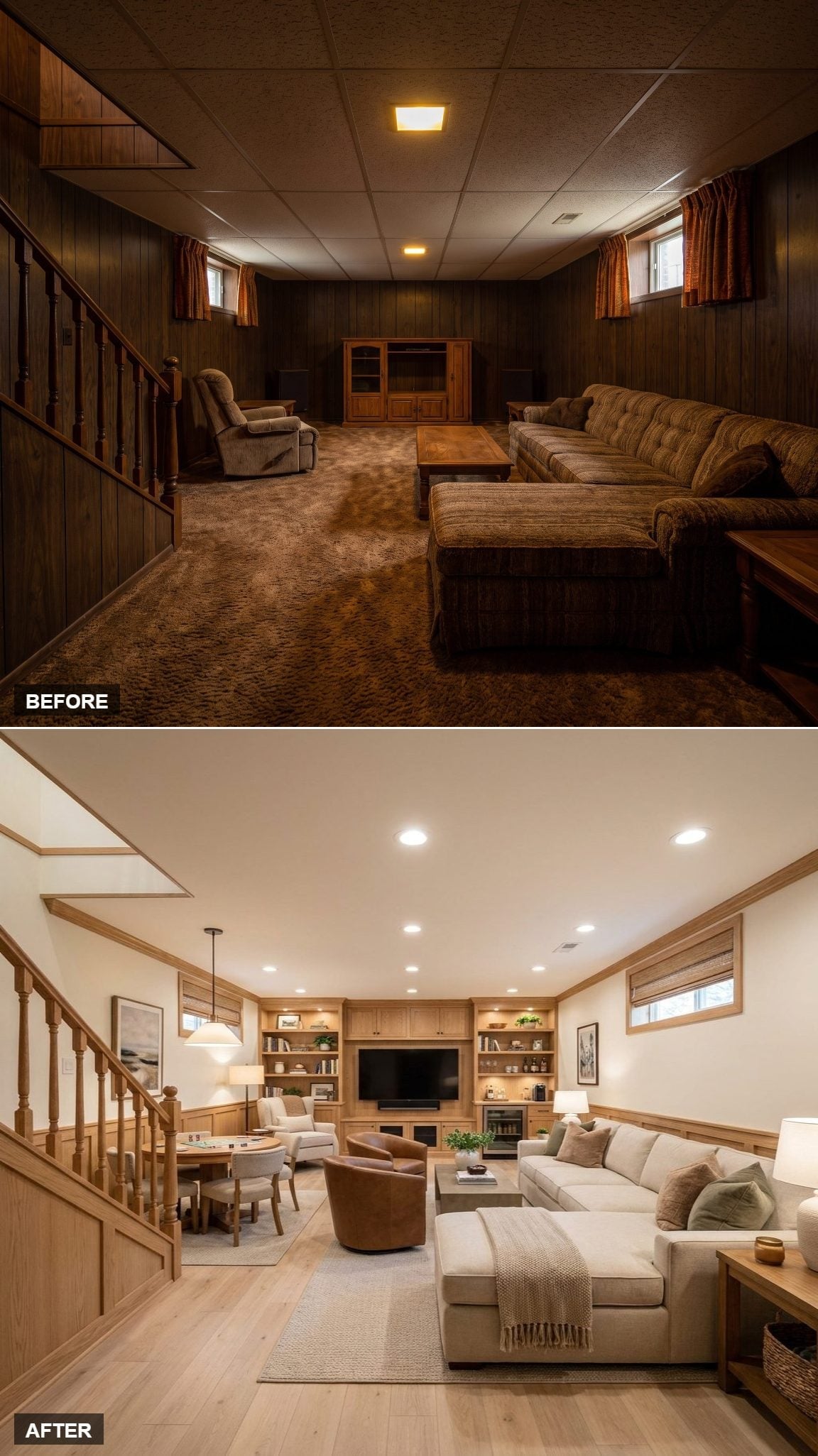 Light Oak Built-Ins, a Sectional That Actually Fits, and Recessed Cans That Changed Everything
