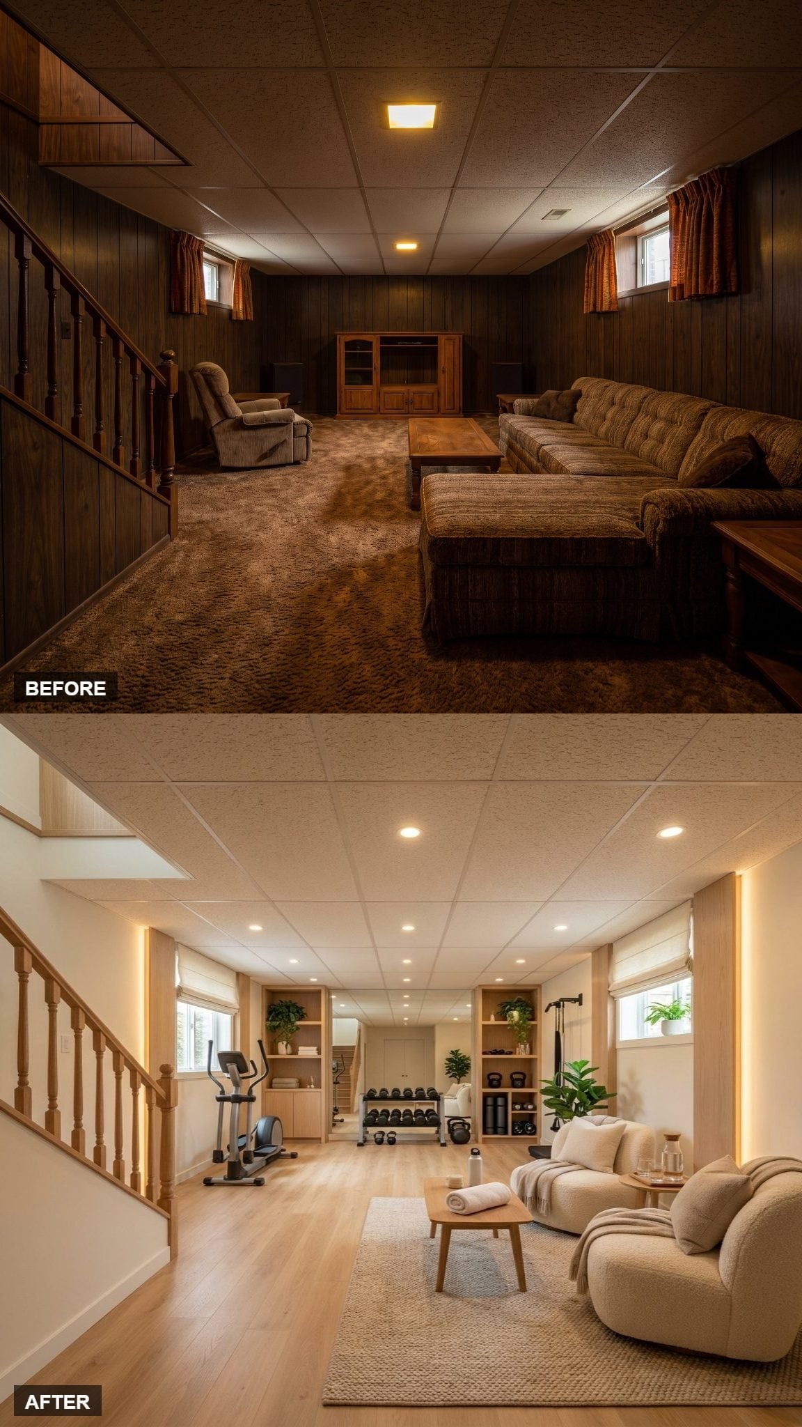Light Oak Shelving, an Elliptical Trainer, and Recessed Cans That Finally Split the Room Right