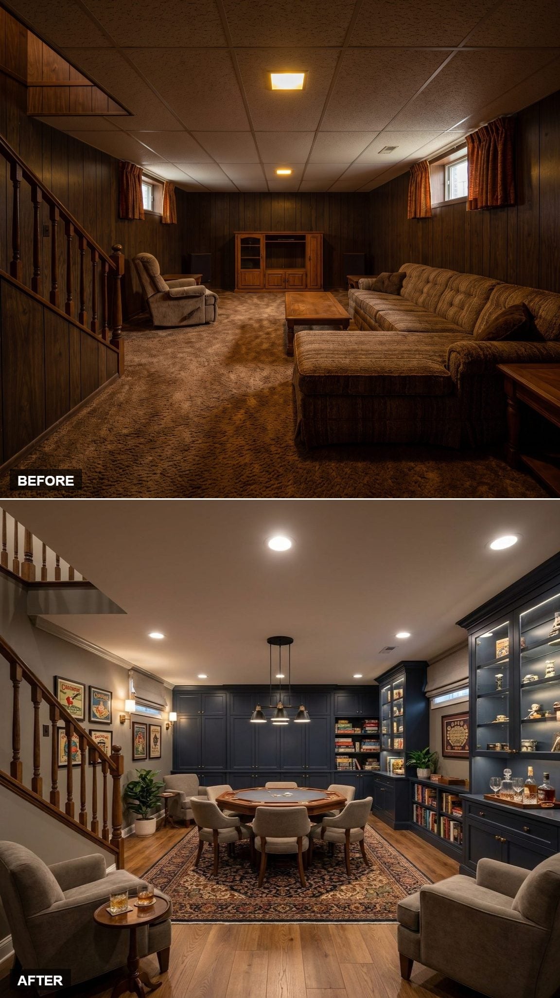 Navy Built-Ins, a Poker Table, and Recessed Cans That Finally Justify the Stairs