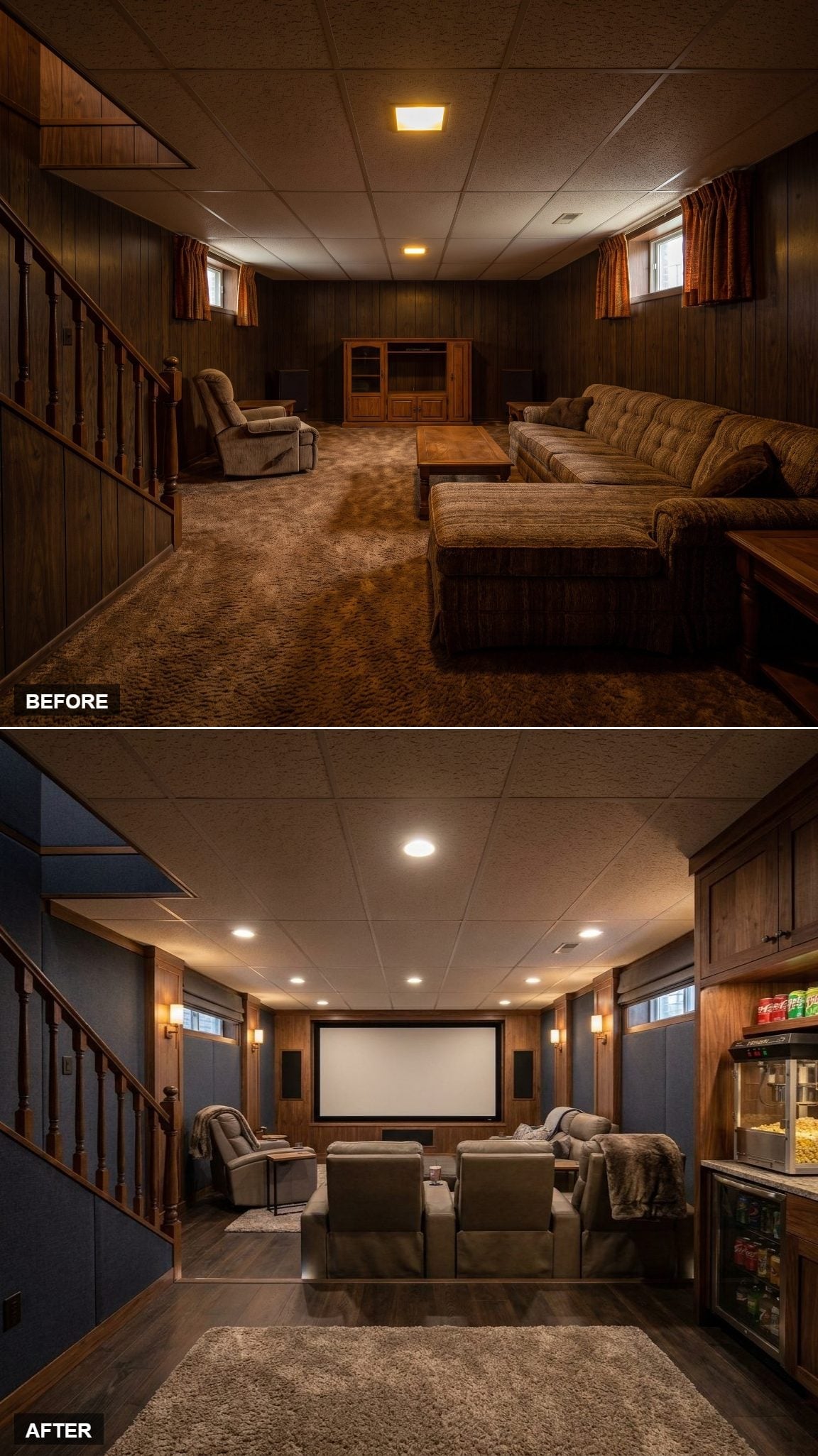 Popcorn Machine, Projection Screen, and Recessed Cans: Basement Done Right