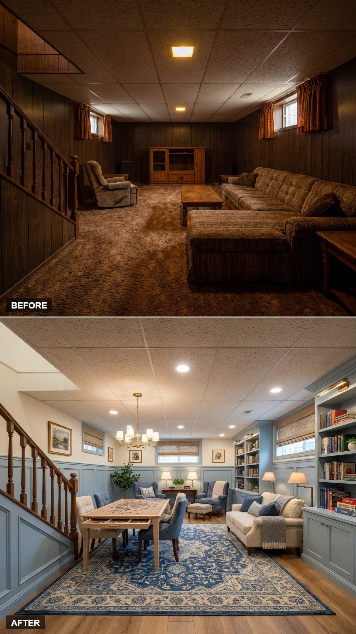 Puzzle Table, Blue Wainscoting, and a Built-In Library That Finally Made the Basement Useful