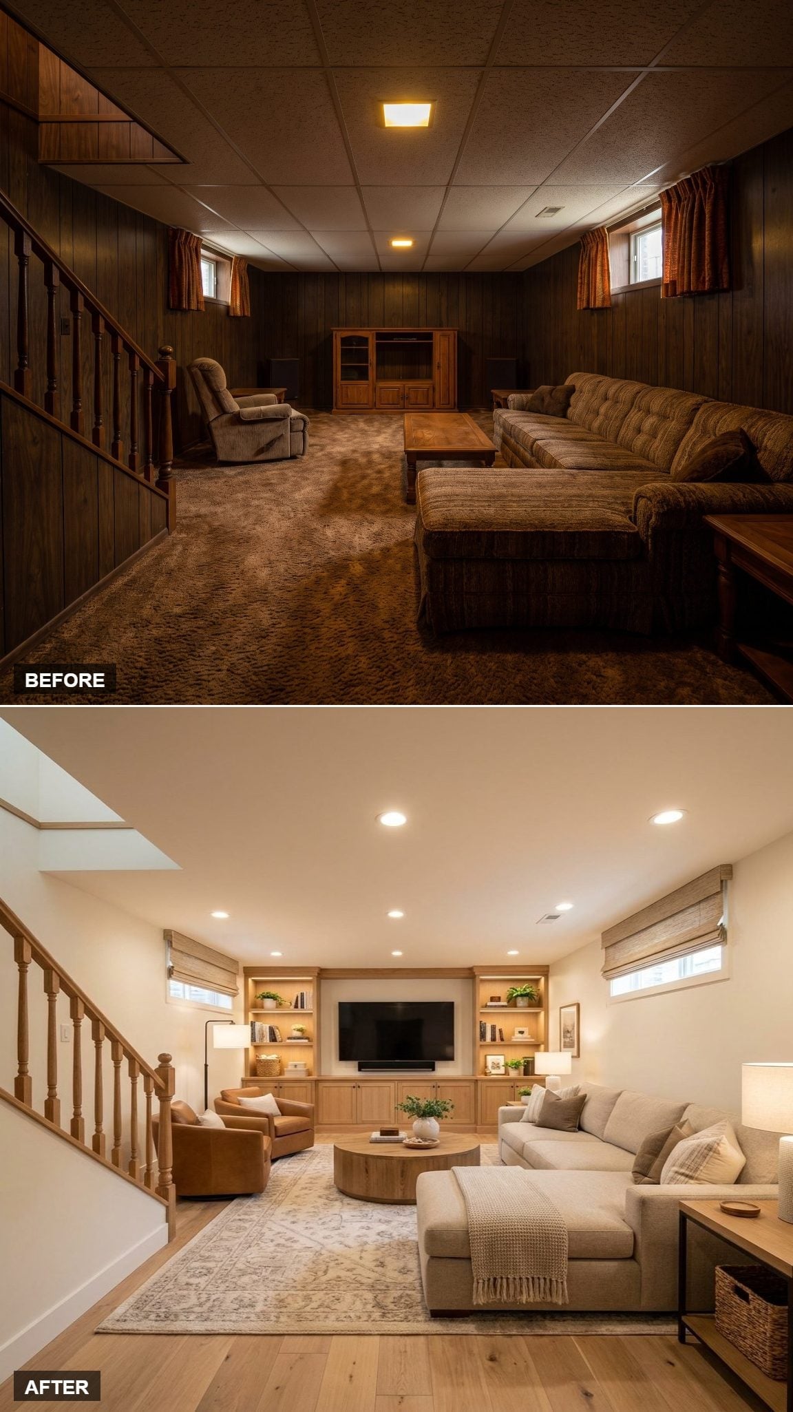 Warm Oak Built-Ins and Recessed Lighting Turned One Basement Into an Actual Living Room