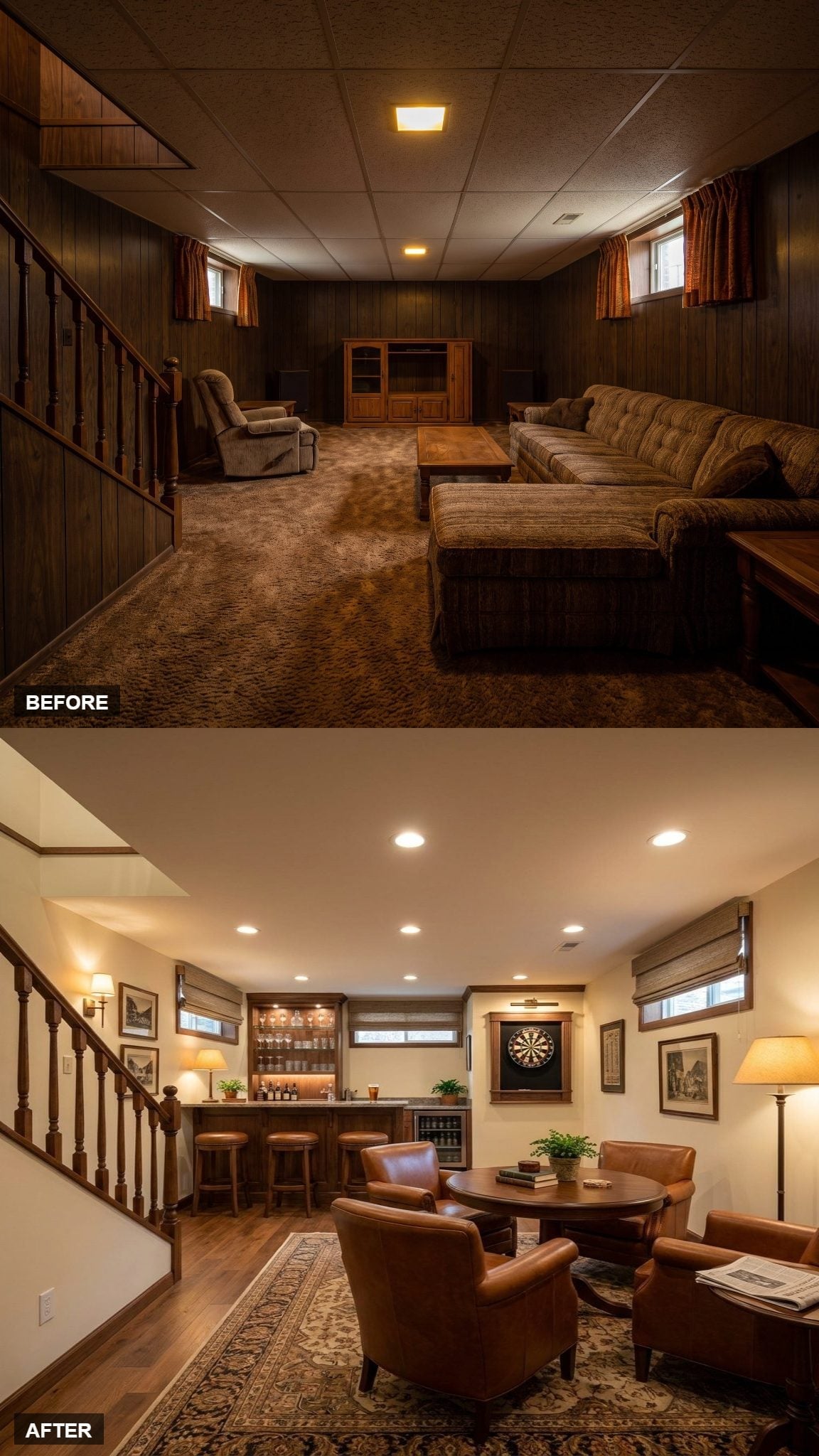 Wet Bar, a Dartboard Wall, and Leather Club Chairs That Actually Earned the Basement Back