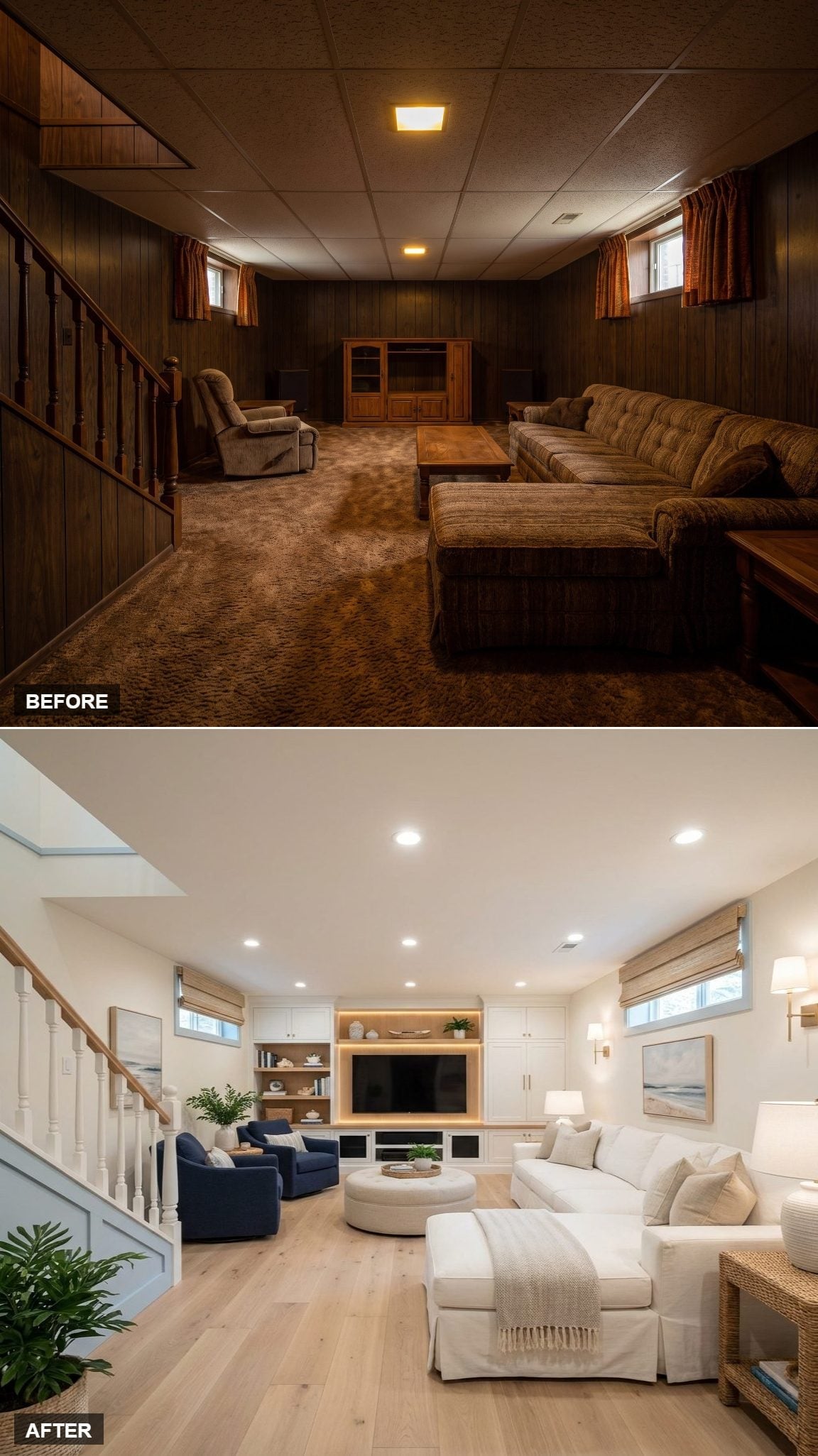 White Walls, Navy Chairs, and Recessed Cans Did What Wood Paneling Never Could