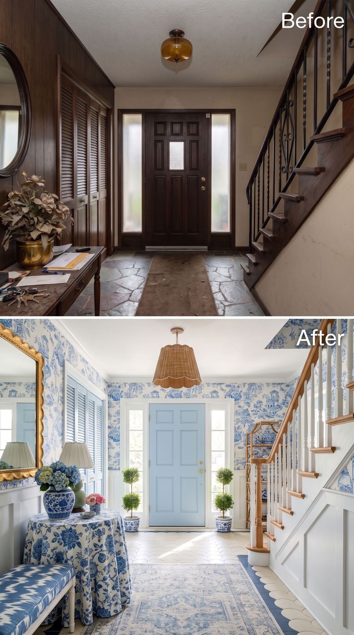 Blue Toile, Wicker Light, and a Foyer That Finally Wants You Inside