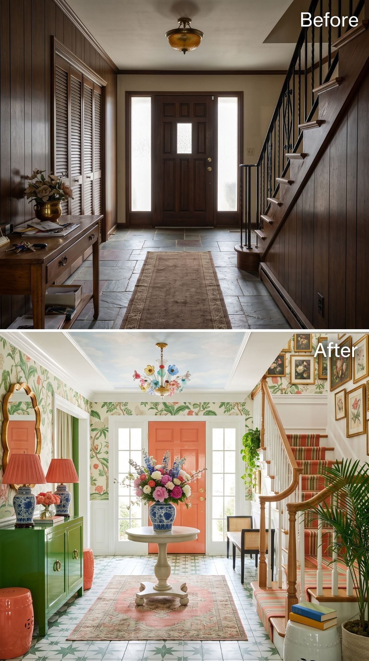 Coral Door, Floral Wallpaper, and a Foyer That Finally Has a Personality