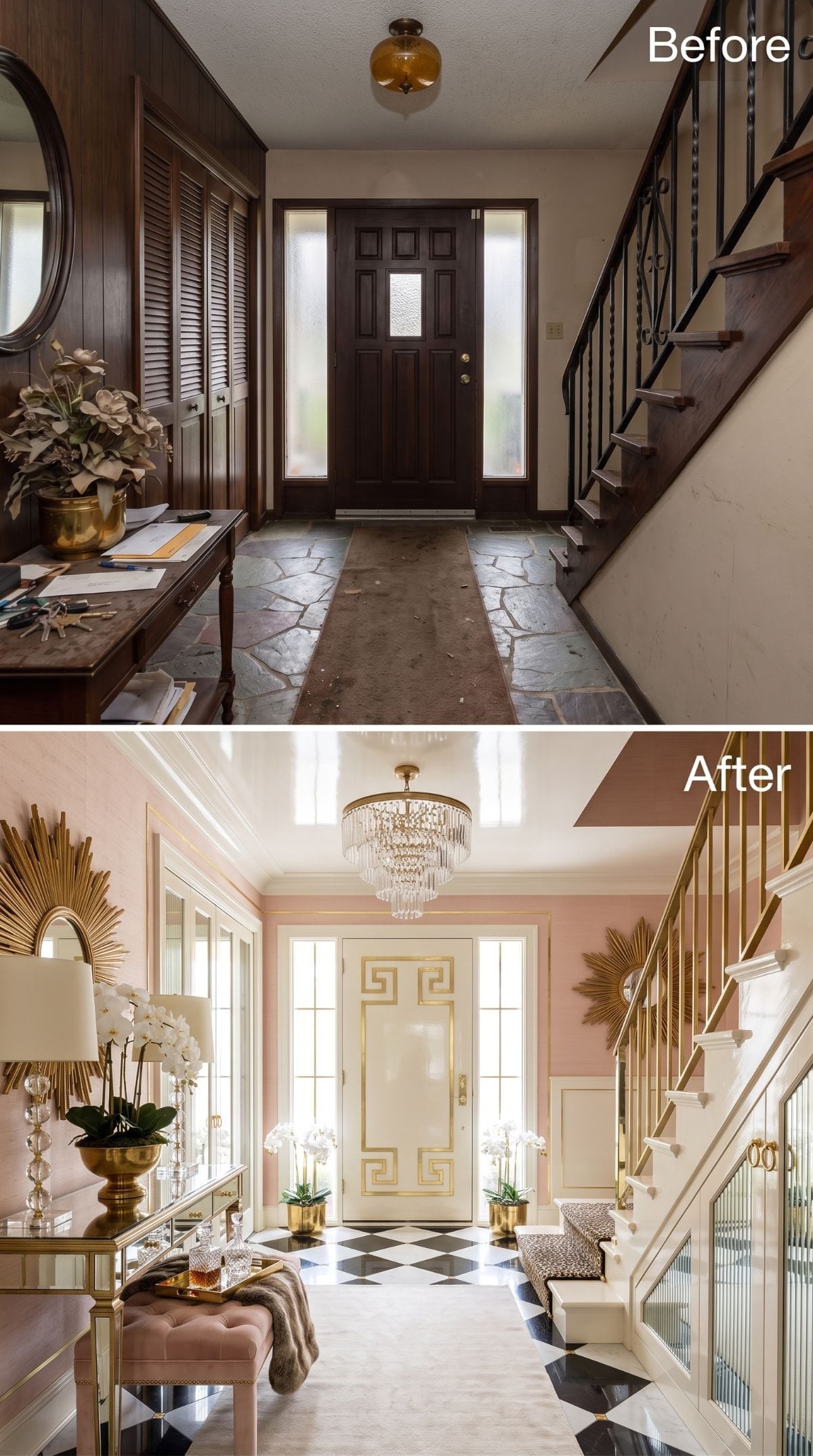 Greek Key Door, Black-and-White Marble, and a Foyer That Traded Gloom for Glamour